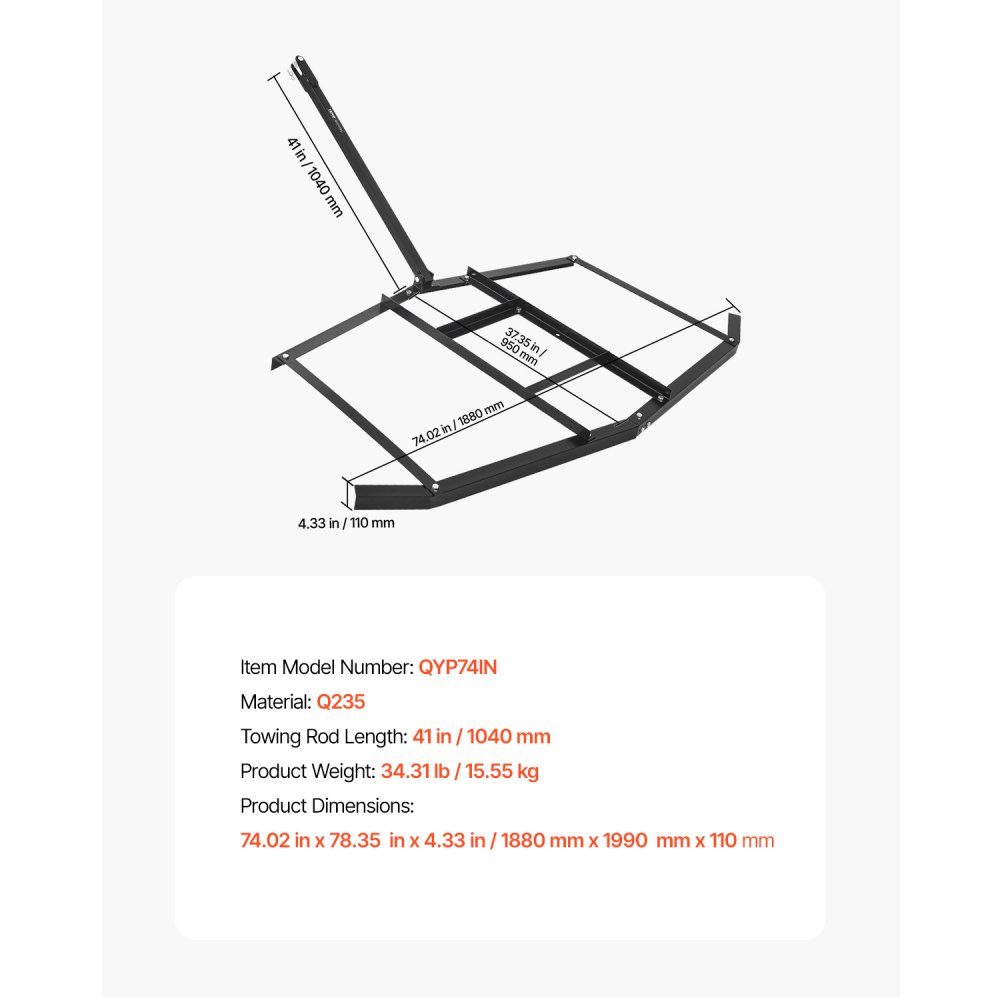 VEVOR trail harrow, 188x199x11 cm, meadow harrow, Q235 steel lawn tractor with adjustable bars and bolt coupling, meadow harrow for off-road vehicles, UTVs, garden and lawn tractors