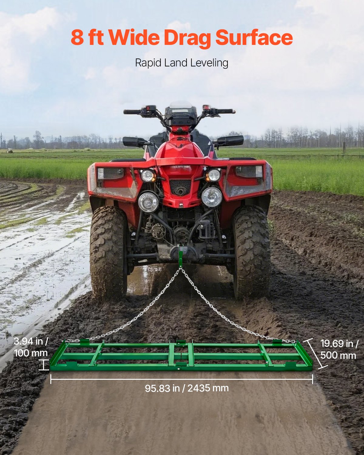 VEVOR trailing harrow, 2435x500x100 mm, meadow harrow with adjustable bars and 183 cm chain, meadow harrow for off-road vehicles, UTVs, tractors, lawnmowers, trailing tool for the farm