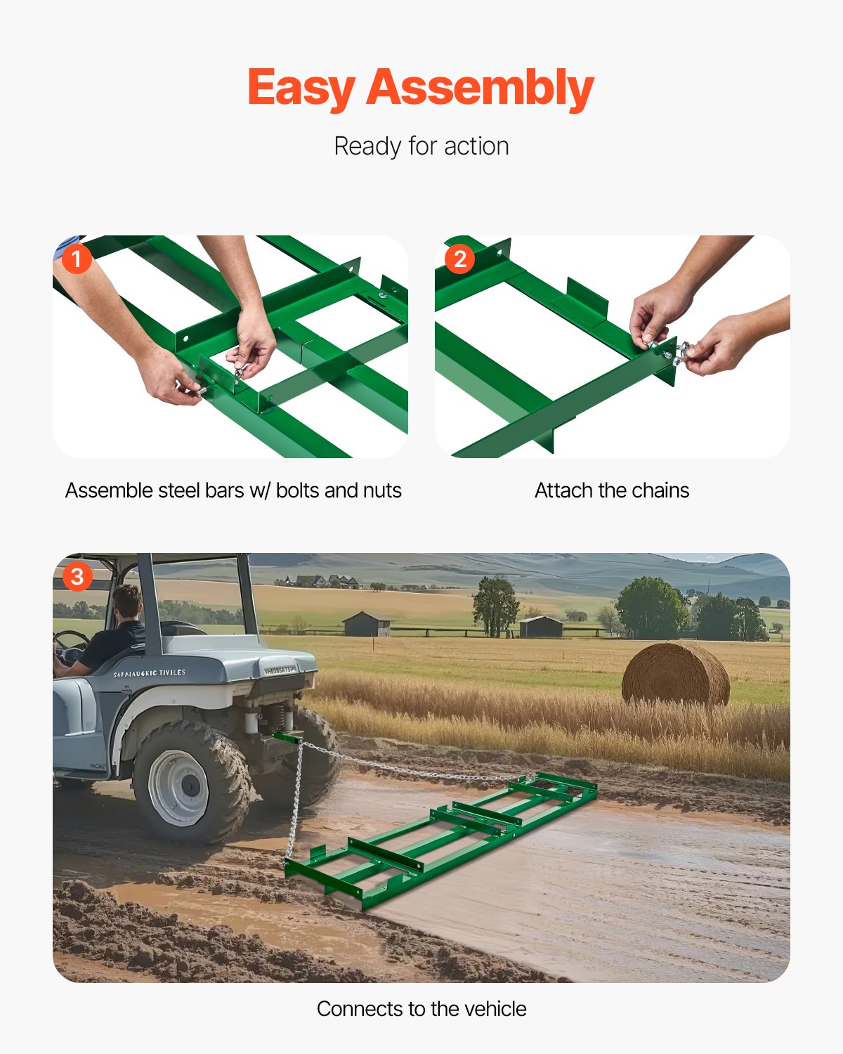 VEVOR trailing harrow, 2435x500x100 mm, meadow harrow with adjustable bars and 183 cm chain, meadow harrow for off-road vehicles, UTVs, tractors, lawnmowers, trailing tool for the farm