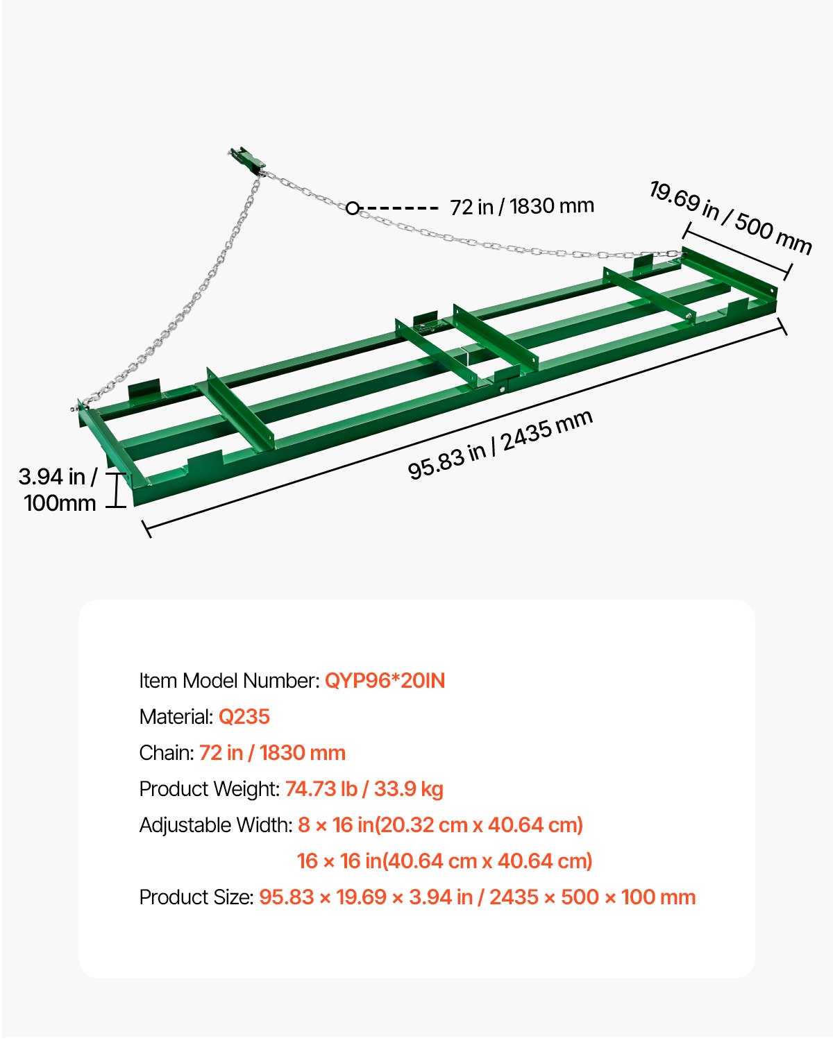 VEVOR trailing harrow, 2435x500x100 mm, meadow harrow with adjustable bars and 183 cm chain, meadow harrow for off-road vehicles, UTVs, tractors, lawnmowers, trailing tool for the farm