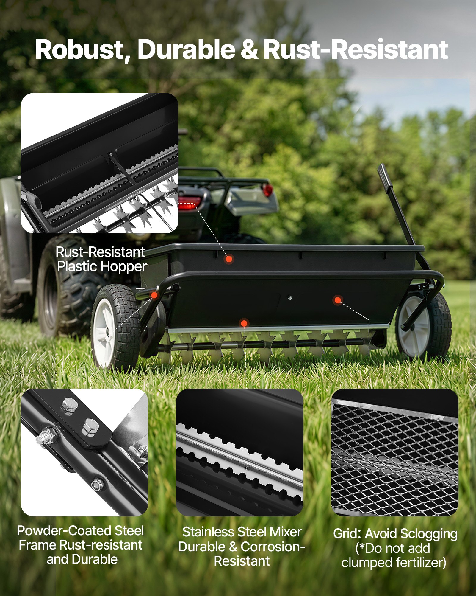 Aerator do trawników VEVOR montowany na przyczepie, szerokość rozrzutu 81 cm, rozsiewacz z uniwersalnym złączem, siewnik ogrodowy i aerator gleby o udźwigu 45 kg i kołach 10-calowych, wertykulator do quadów i pojazdów UTV