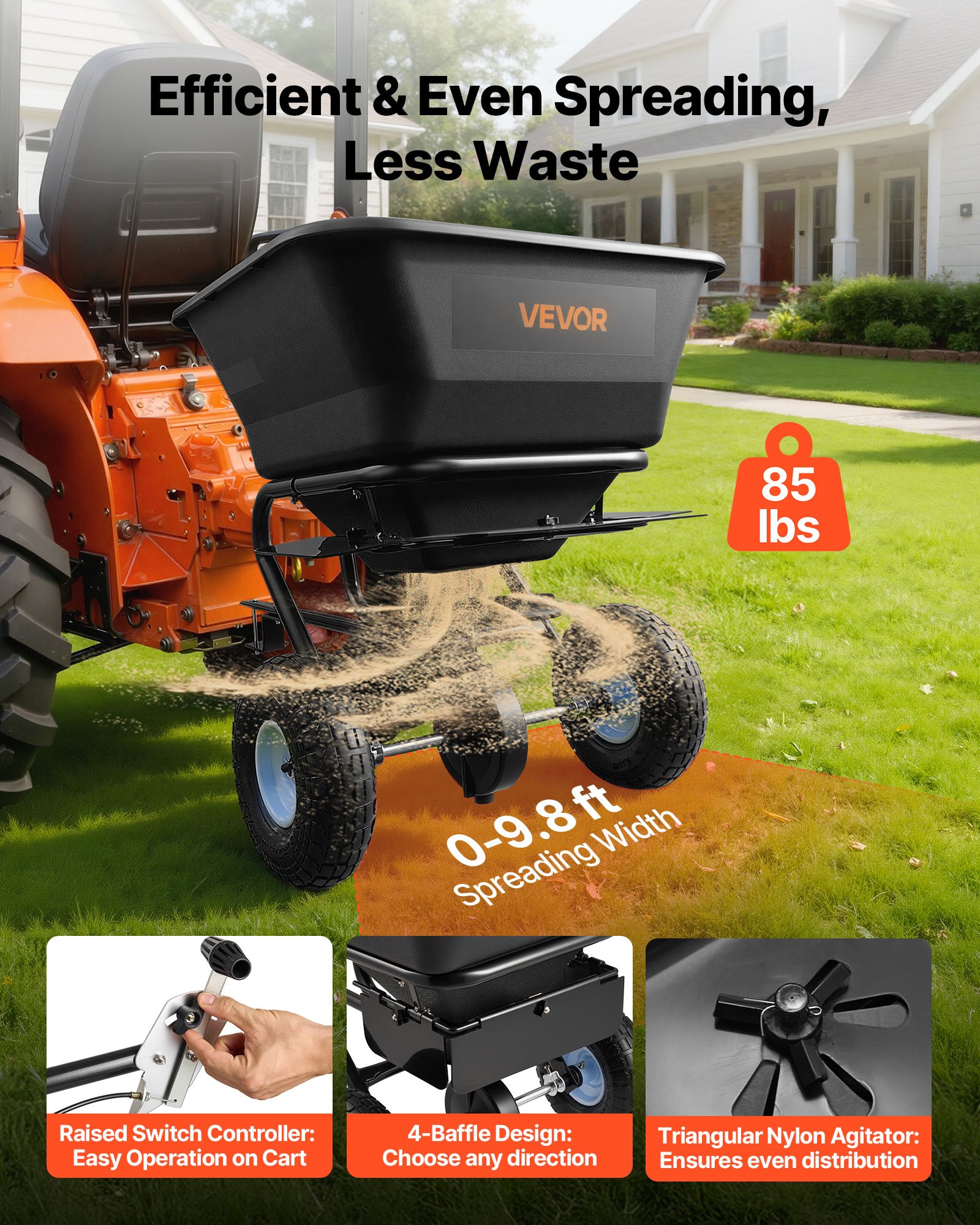 VEVOR Tow Behind Lawn Spreader, 3m Spreading Width, Garden & Lawn Spreader with Universal Hitch, 38.6kg Capacity & 10 in All-Terrain Tires, Seed Fertilizer Broadcast Spreader for ATVs UTVs