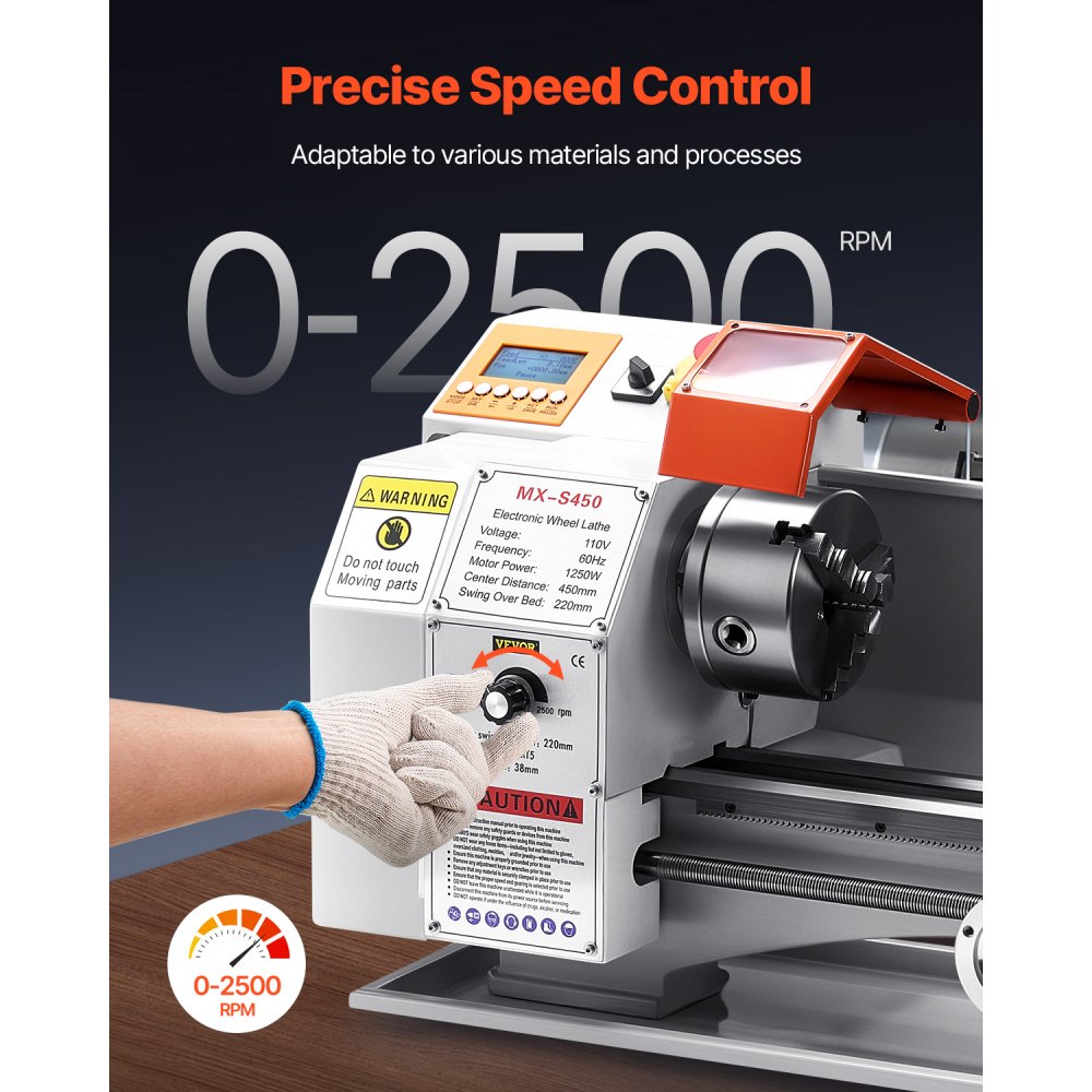 VEVOR Tokarka do metalu 220x450 mm Tokarka stołowa z automatycznym posuwem 2500 obr./min, silnikiem bezszczotkowym o prędkości 1250 W, z akcesoriami, tokarka do obróbki precyzyjnych części
