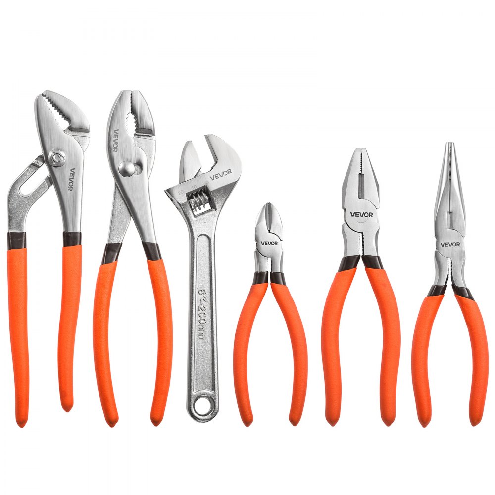 VEVOR Pliers and Wrench Set 6-Piece Utility Set Polished Carbon Steel Jaw, Hand Tools for DIY & Home Use, Groove Joint, Slip Joint, Long Nose, Combination, Diagonal Pliers, Wrench, Ergonomic Handles