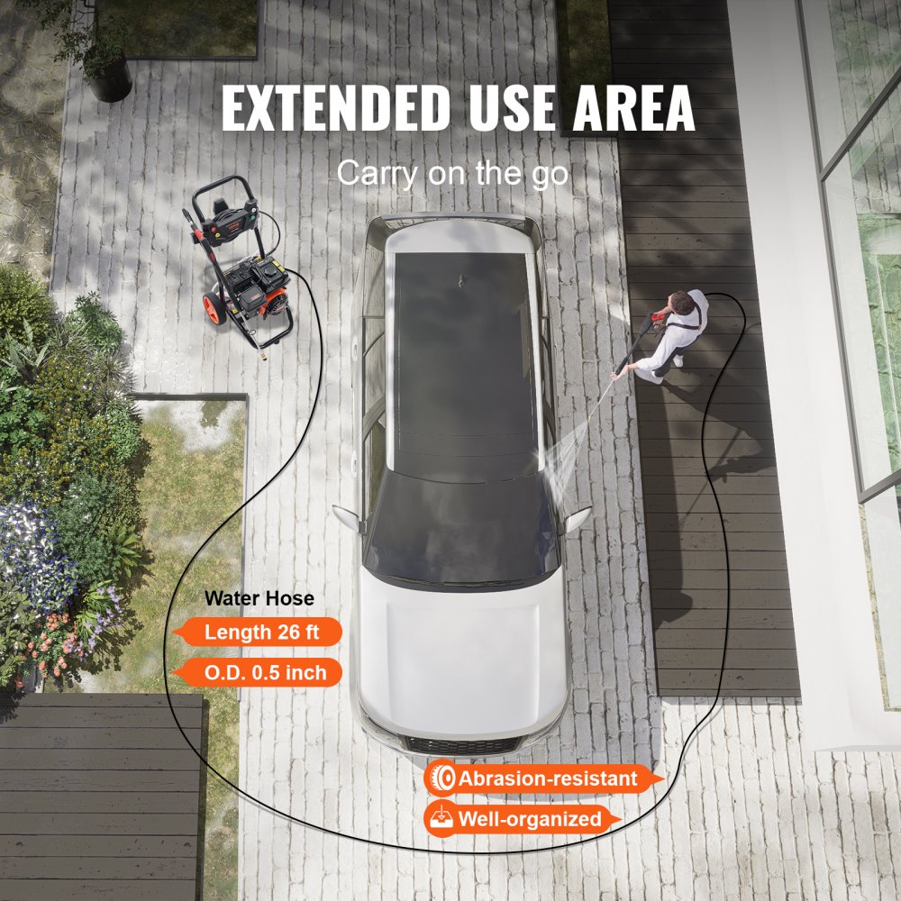 Myjka ciśnieniowa VEVOR zasilana gazem, 3600 PSI, 2,6 GPM, myjka ciśnieniowa zasilana gazem z pompą miedzianą, pistoletem natryskowym i rurą przedłużającą, 5 dyszami szybkozłącznymi, do czyszczenia samochodów, domów i podjazdów