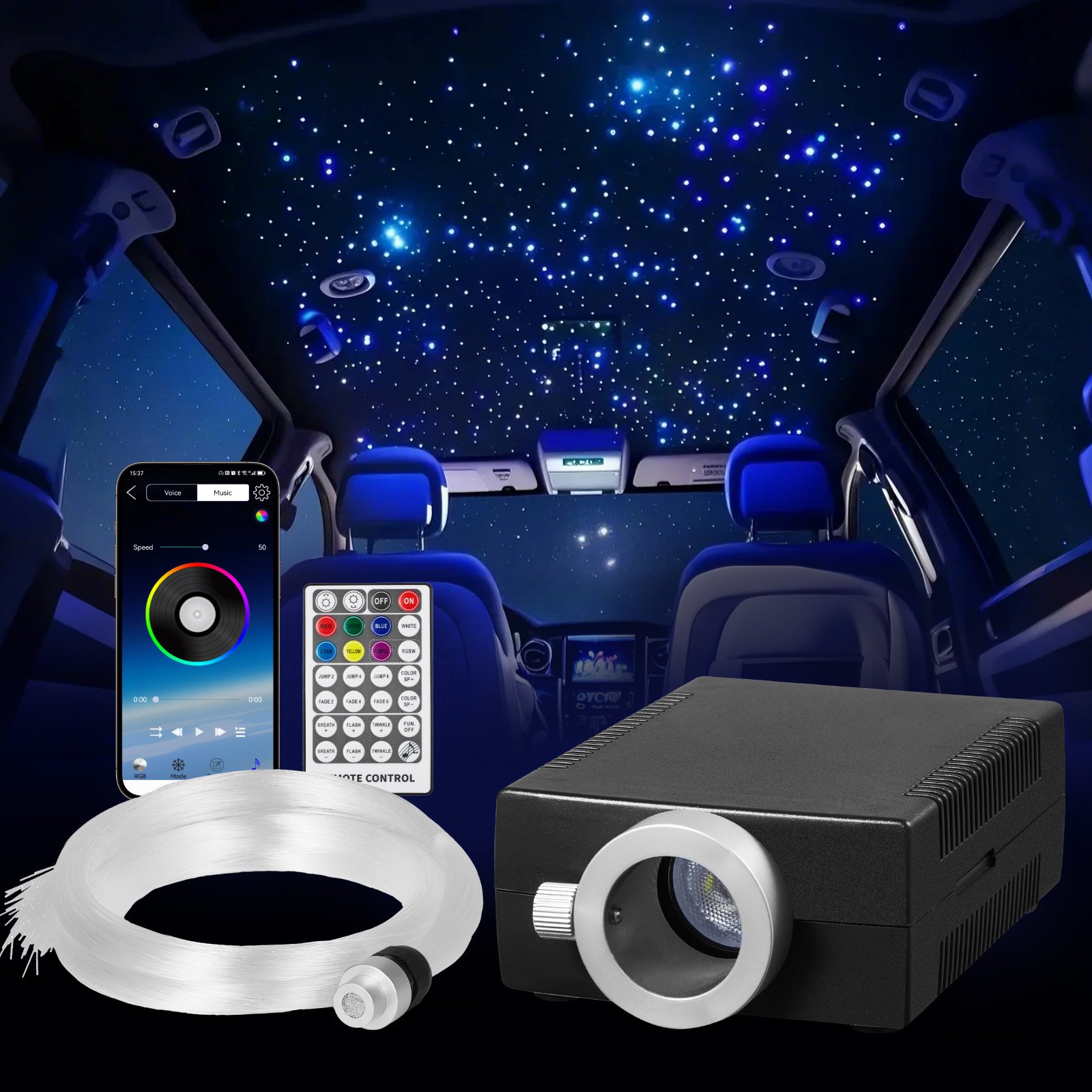 VEVOR Lampy sufitowe Starry Sky z motywem gwieździstego nieba, 150 szt., 16 W, światłowodowe lampy sufitowe Starry Sky do samochodu, aplikacja Bluetooth, pilot zdalnego sterowania, aktywacja dźwiękiem, moduł świetlny RGBW, do dekoracji domu i sypialni