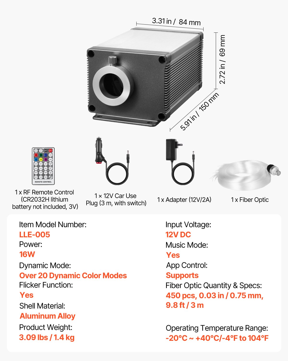 VEVOR Lampy samochodowe Starry Sky, 450 szt., 16 W światłowodowe lampy sufitowe w kształcie gwiazd do samochodu, aplikacja Bluetooth, pilot zdalnego sterowania, aktywowane dźwiękiem, moduł świetlny RGBW, do dekoracji domu i sypialni