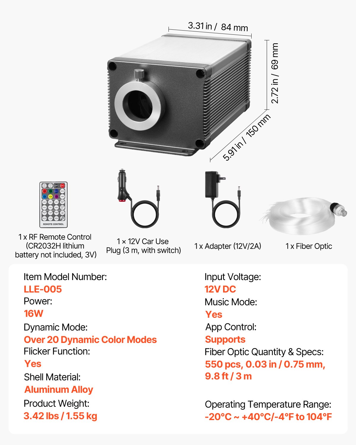 VEVOR Lampy sufitowe Starry Sky z włókna szklanego, 550 szt. 16 W, światłowodowe lampy sufitowe w kształcie gwiazd do samochodu, sterowanie aplikacją Bluetooth, aktywowane dźwiękiem, moduł świetlny RGBW, do dekoracji domu i sypialni