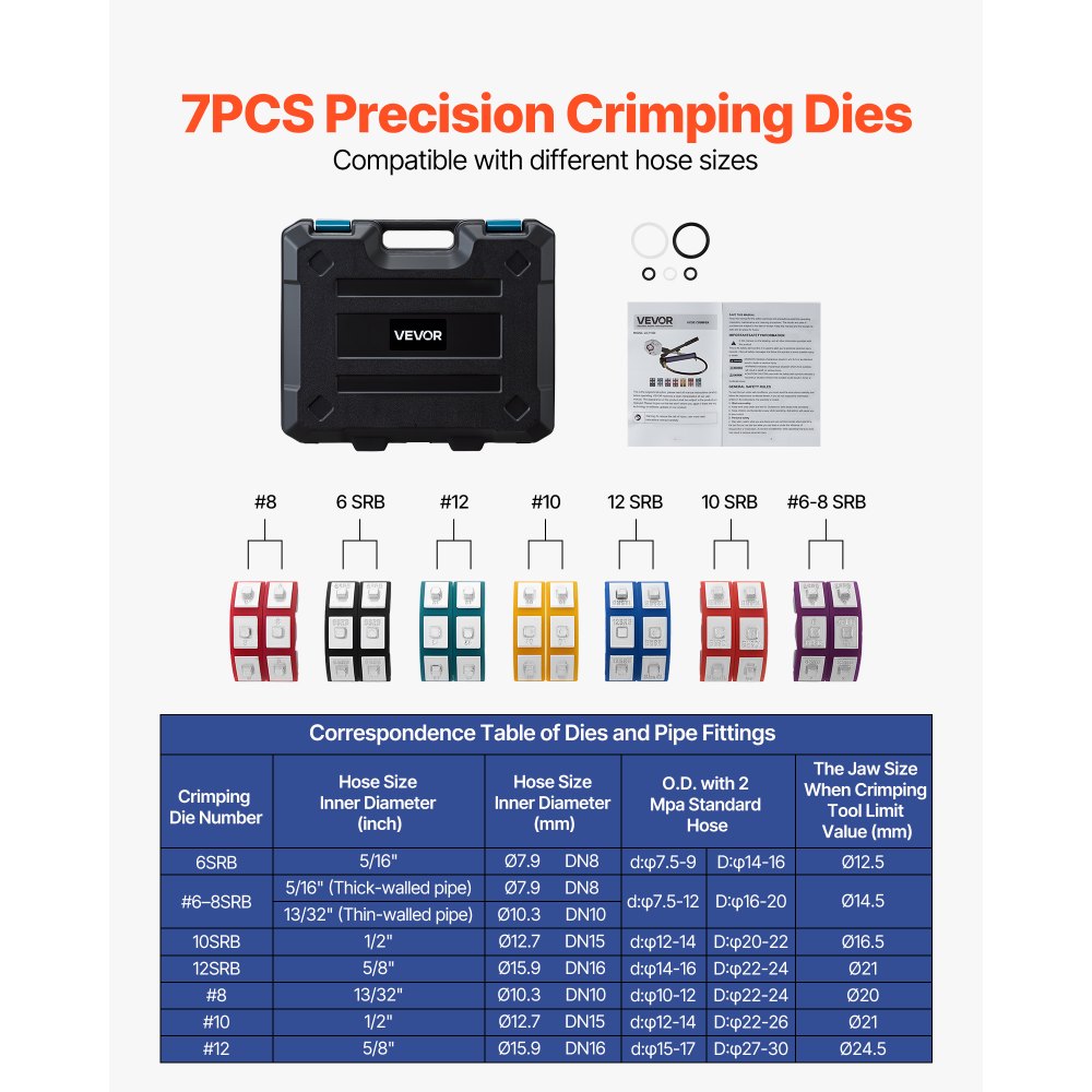 Praska hydrauliczna do węży VEVOR, z 7 zatrzaskowymi wkładkami i walizką transportową, do węży klimatyzacyjnych do napraw samochodowych i klimatyzacyjnych (z pompką ręczną)