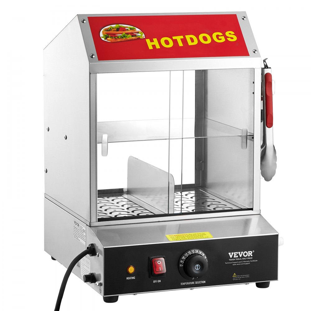 Parowar do hot dogów VEVOR, 27 l, dwupoziomowy parowar do hot dogów, regulacja temperatury 30℃~85℃, elektryczny podgrzewacz bułek z przesuwanymi drzwiami ze szkła hartowanego, szczypce do przegródek, stal nierdzewna, do hot dogów i bułek