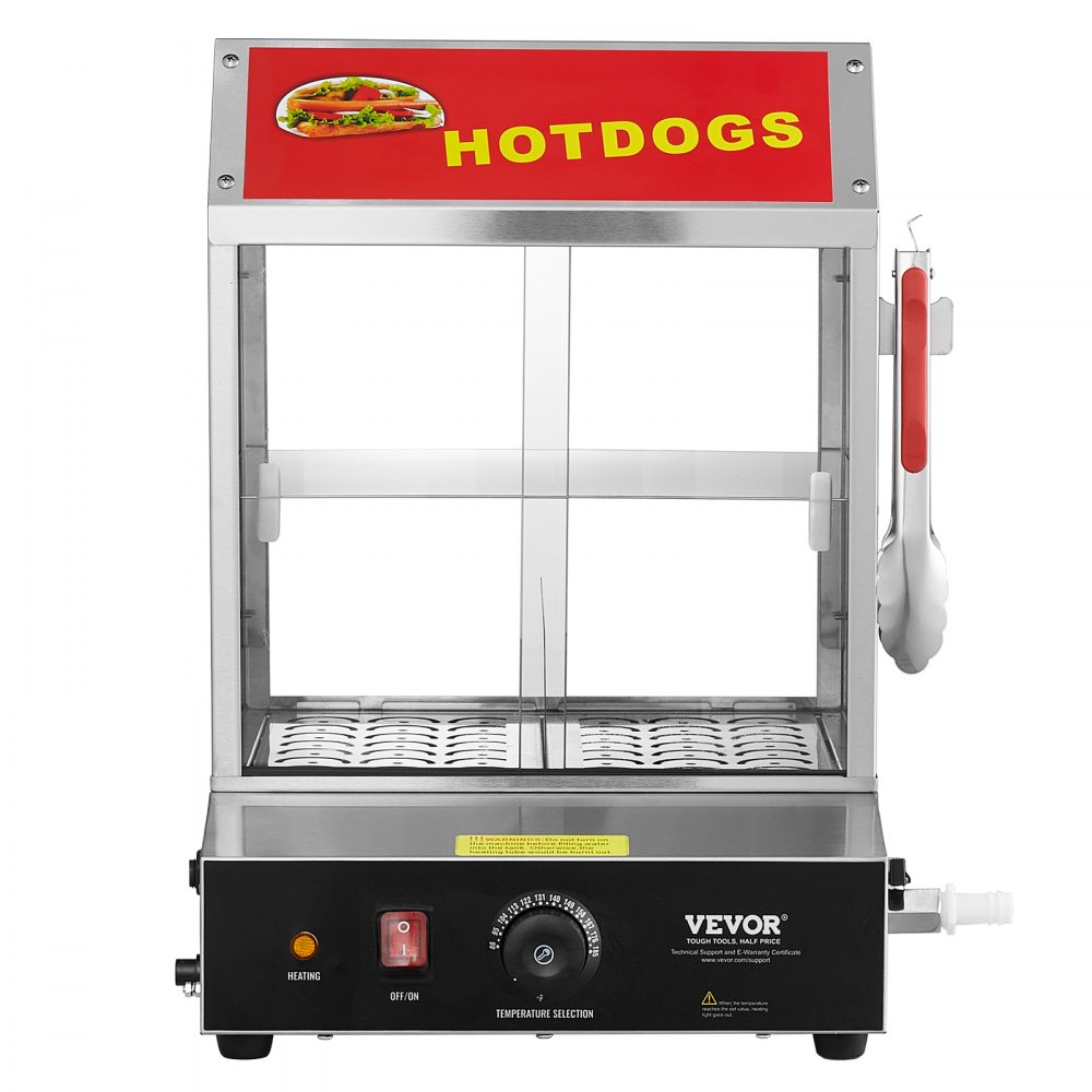 Parowar do hot dogów VEVOR, 27 l, dwupoziomowy parowar do hot dogów, regulacja temperatury 30℃~85℃, elektryczny podgrzewacz bułek z przesuwanymi drzwiami ze szkła hartowanego, szczypce do przegródek, stal nierdzewna, do hot dogów i bułek