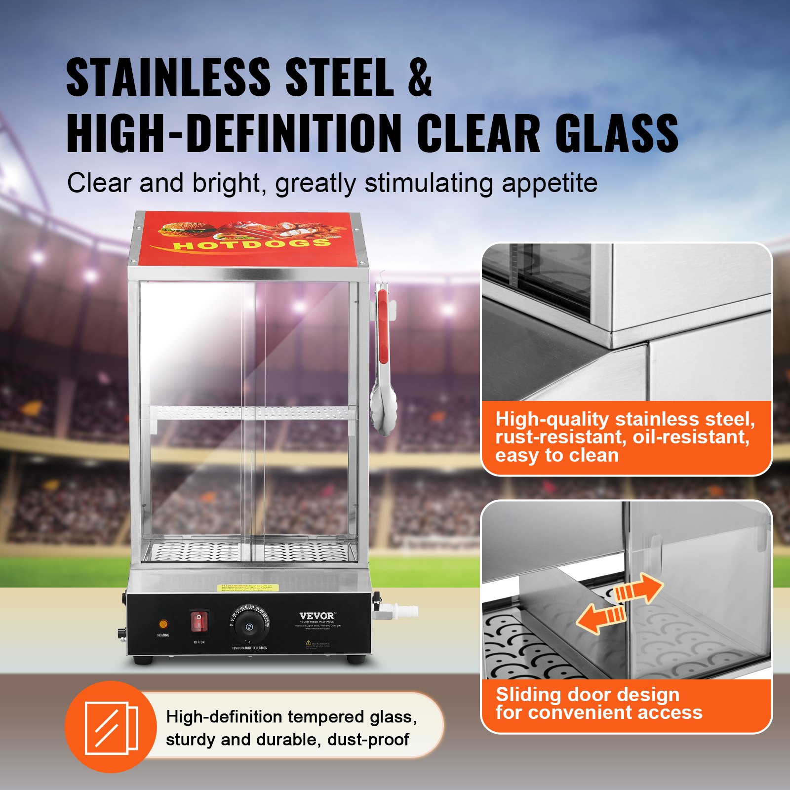 Parowar do hot dogów VEVOR, 37 l, dwupoziomowy parowar do hot dogów, regulacja temperatury 30℃~85℃, elektryczny podgrzewacz bułek z przesuwanymi drzwiami ze szkła hartowanego, szczypce do przegródek, stal nierdzewna, do hot dogów i bułek