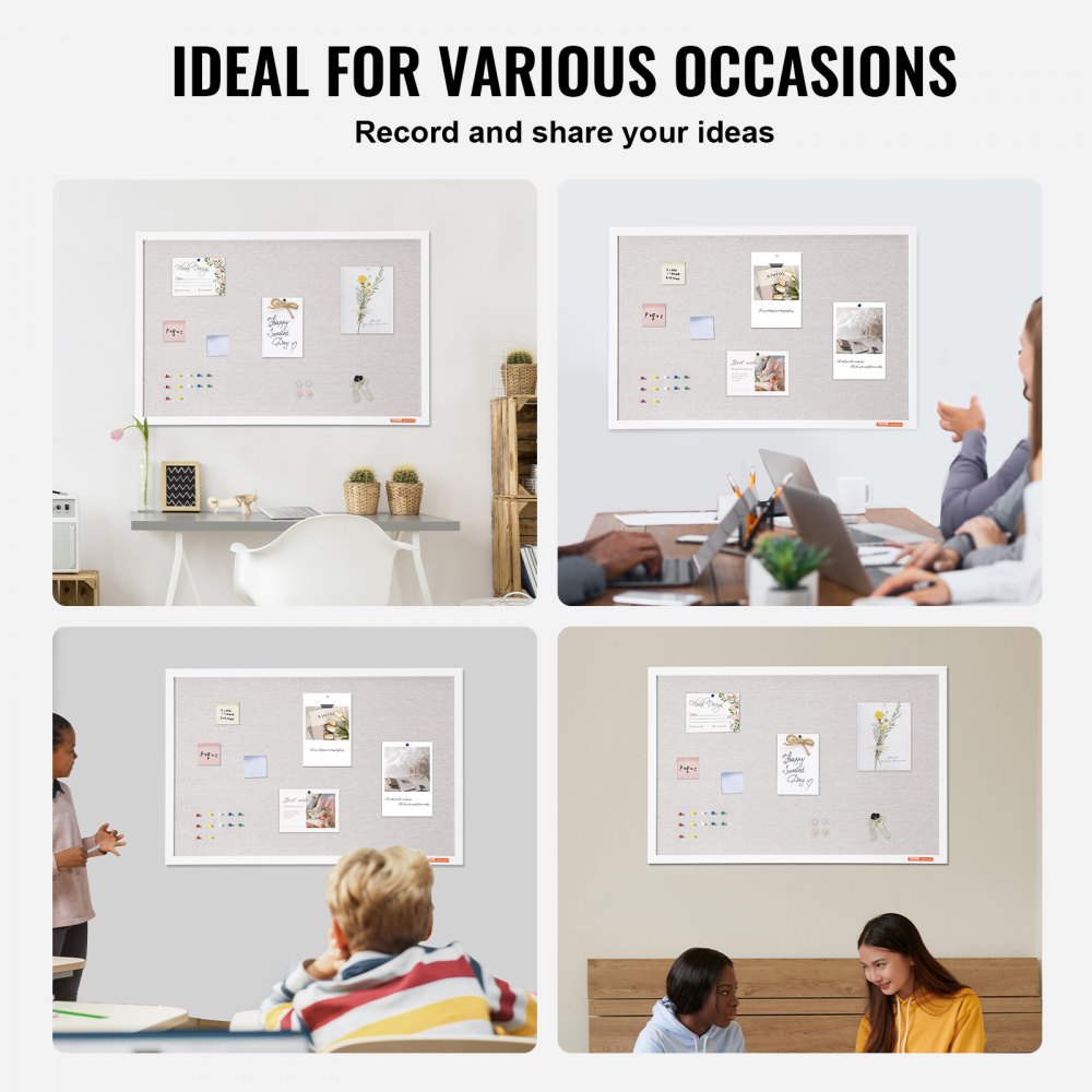 VEVOR 36"x24" white corkboard with linen surface – stylish wall-mounted pinboard for home, school, office – elegant and functional blackboard