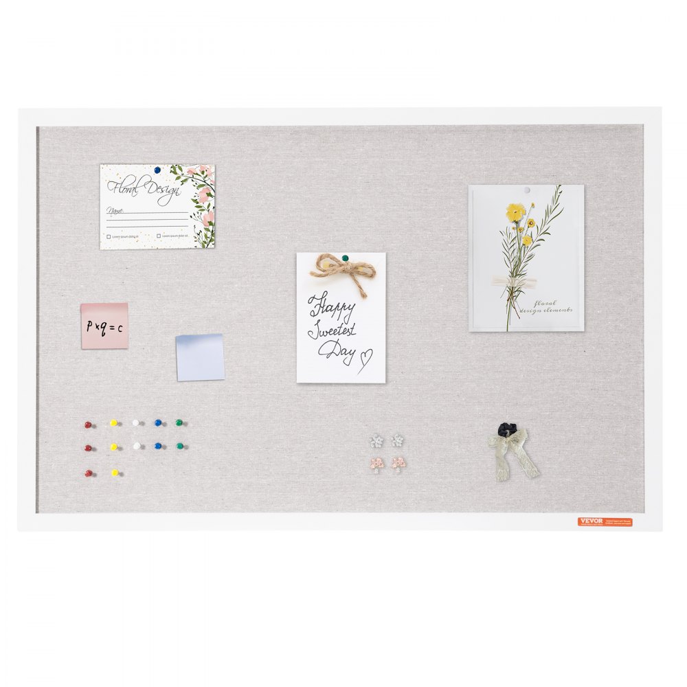 VEVOR 36"x24" white corkboard with linen surface – stylish wall-mounted pinboard for home, school, office – elegant and functional blackboard