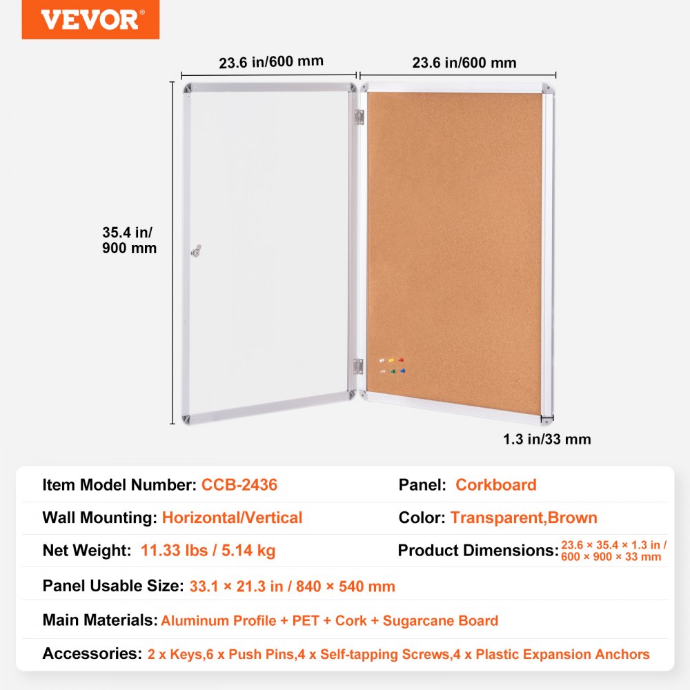 VEVOR 36"x24" Tablica korkowa zamknięta z aluminiową ramą - Zamykana tablica ogłoszeń z drzwiczkami akrylowymi i 2 kluczami - Odporna na warunki atmosferyczne gablota ścienna do szkoły, domu, biura