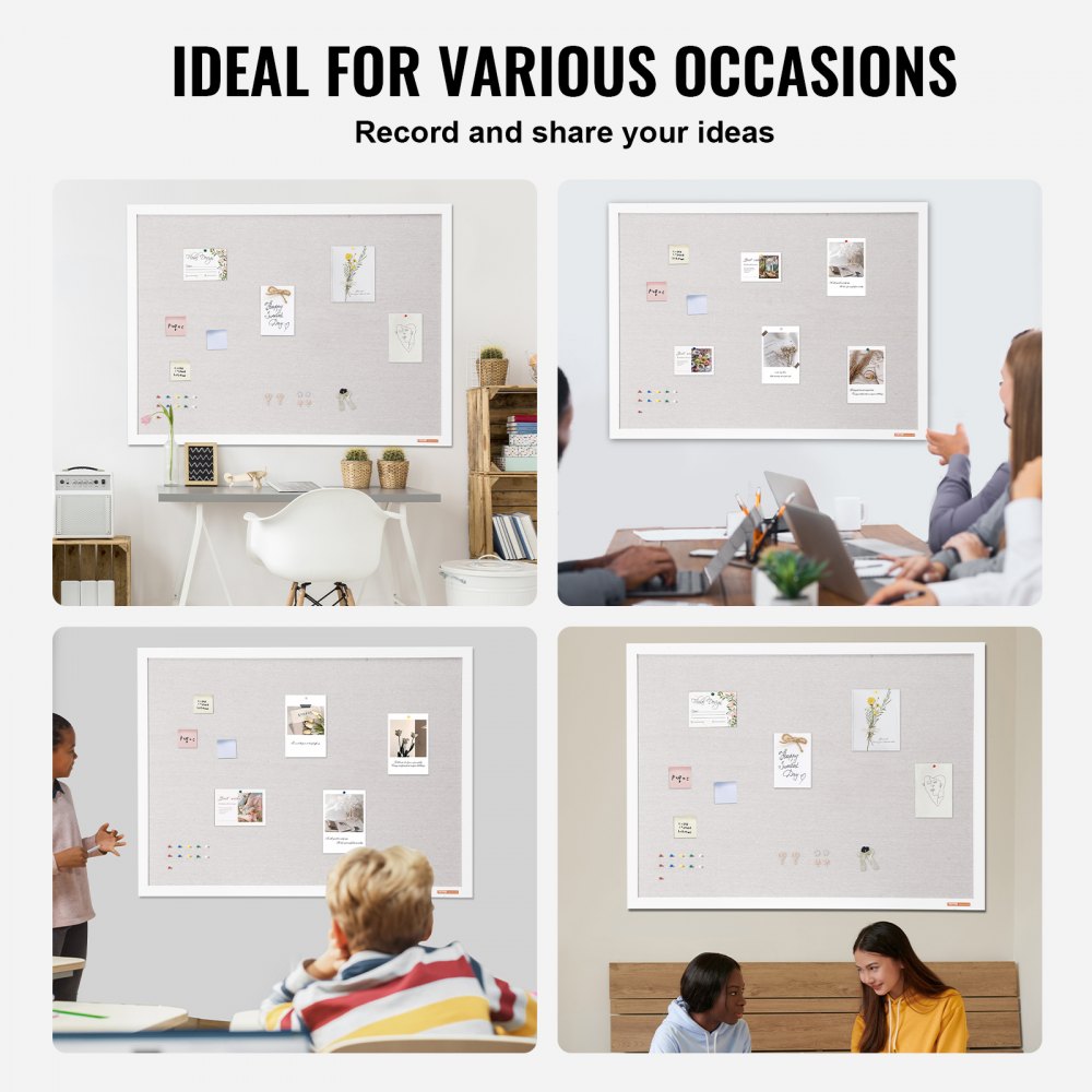 VEVOR 48"x36" white corkboard with linen surface – stylish wall-mounted pinboard for home, school, office – elegant and functional blackboard