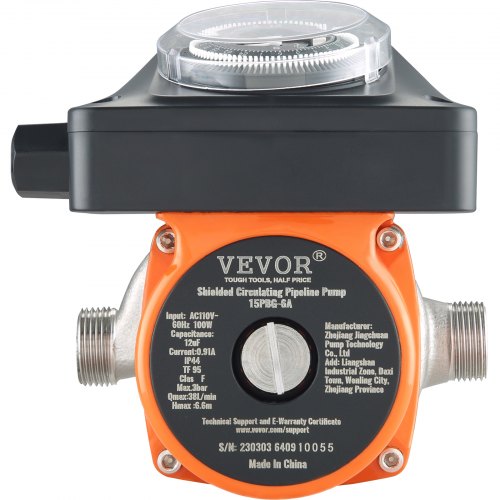 VEVOR pompa cyrkulacyjna ogrzewanie pompa cyrkulacyjna 100W wydatek 38L/min pompa ciepła 0,6bar ciśnienie pracy pompa ciepłej wody 6,6m maks. wysokość podnoszenia IPX4 klasa ochronności pompa ciepła z timerem wydajność pompy