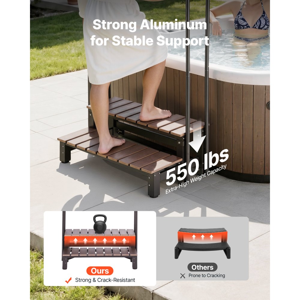 VEVOR Hot Tub Steps with Handrail 2-Step Spa Outdoor Stairs 250 kg Capacity, 820 mm Wide Step, Steel & Sturdy HIPS, Easy Assembly, Non-Slip Step Ladder for Above-Ground/Inflatable Pool, RV,Patio,Deck