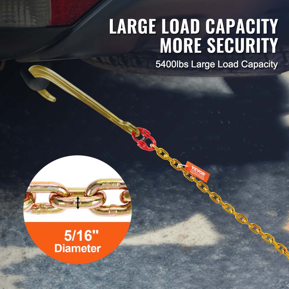 VEVOR J-Hook Chain, 5/16 in x 6 ft G80 15 in long shank J-hook tow chain with RTJ cluster hook and grab hook, 5400 lbs safe working load, heavy-duty transport truck chain for towing trailers