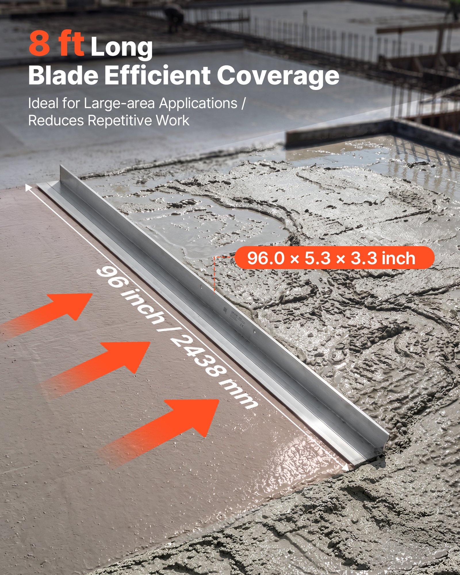 Paca wygładzająca VEVOR 2438 mm wykonana ze stopu aluminium do wylewek betonowych. Szerokość 134 mm zapewnia duży zasięg, część zamienna do wibratora do betonu, narzędzie poziomujące do wygładzania i poziomowania w budownictwie drogowym i wyrównywania posadzek.