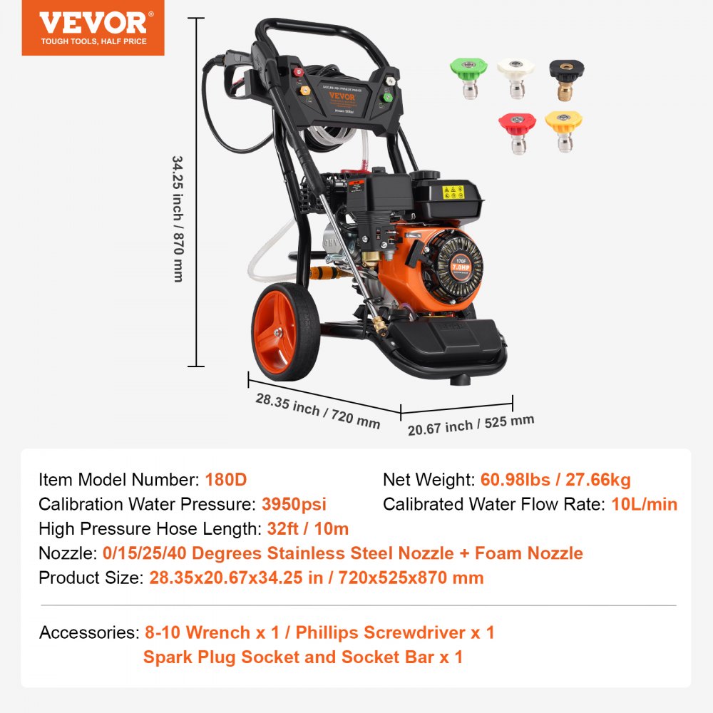 Myjka ciśnieniowa benzynowa VEVOR, 3950 PSI, 10 l/min, 2,6 GPM, myjka tarasowa z pompą miedzianą, pistoletem wysokociśnieniowym i rurą przedłużającą, zestaw 5 dysz, do samochodów, ogrodzeń, domów, podjazdów, tarasów