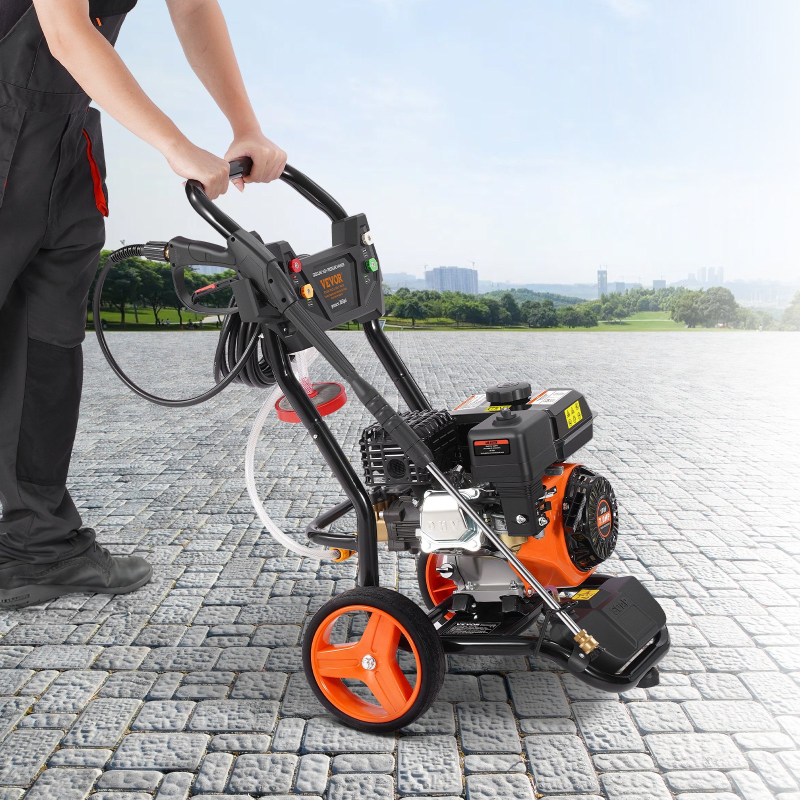 Myjka ciśnieniowa benzynowa VEVOR, 3950 PSI, 10 l/min, 2,6 GPM, myjka tarasowa z pompą miedzianą, pistoletem wysokociśnieniowym i rurą przedłużającą, zestaw 5 dysz, do samochodów, ogrodzeń, domów, podjazdów, tarasów