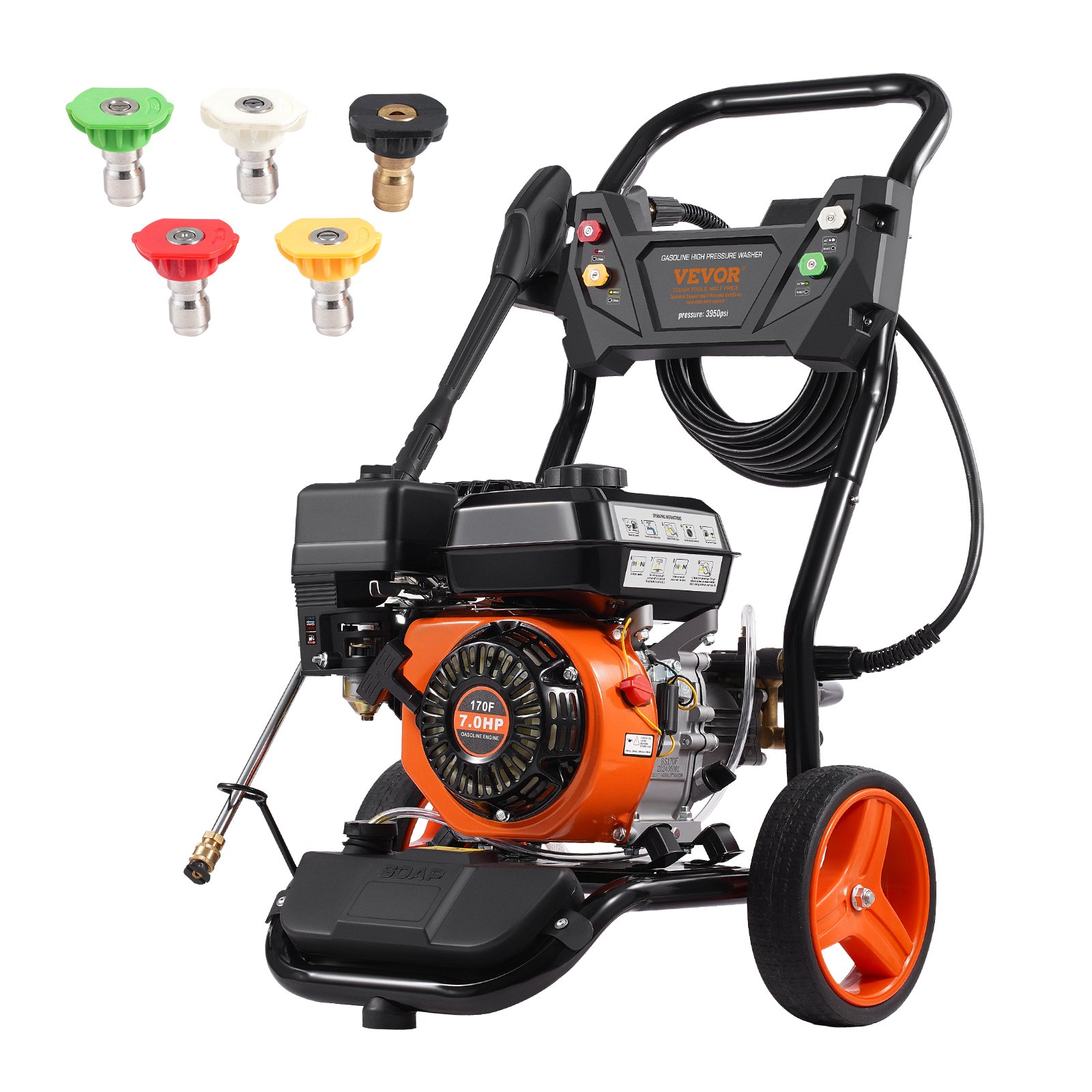 Myjka ciśnieniowa benzynowa VEVOR, 3950 PSI, 10 l/min, 2,6 GPM, myjka tarasowa z pompą miedzianą, pistoletem wysokociśnieniowym i rurą przedłużającą, zestaw 5 dysz, do samochodów, ogrodzeń, domów, podjazdów, tarasów