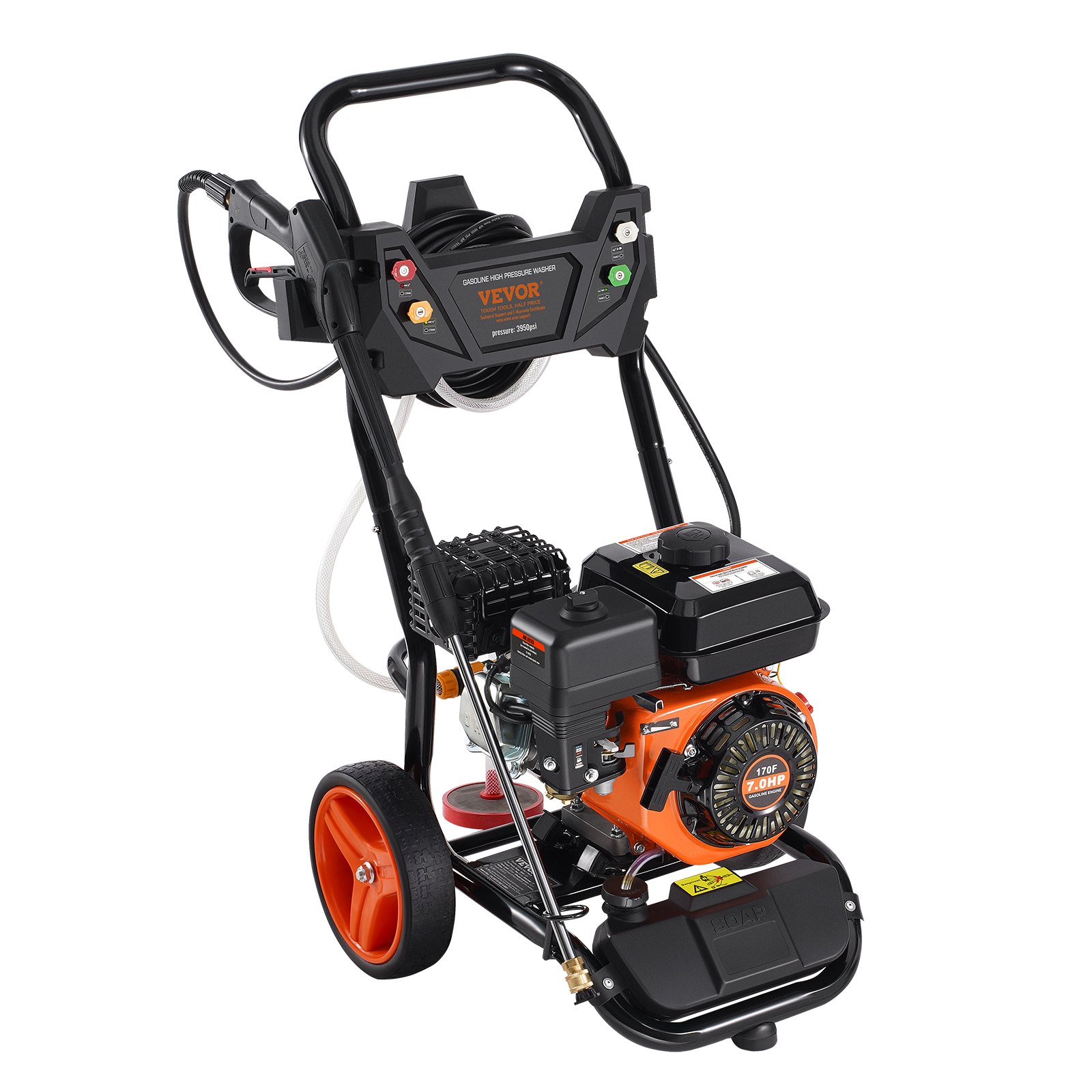 Myjka ciśnieniowa benzynowa VEVOR, 3950 PSI, 10 l/min, 2,6 GPM, myjka tarasowa z pompą miedzianą, pistoletem wysokociśnieniowym i rurą przedłużającą, zestaw 5 dysz, do samochodów, ogrodzeń, domów, podjazdów, tarasów