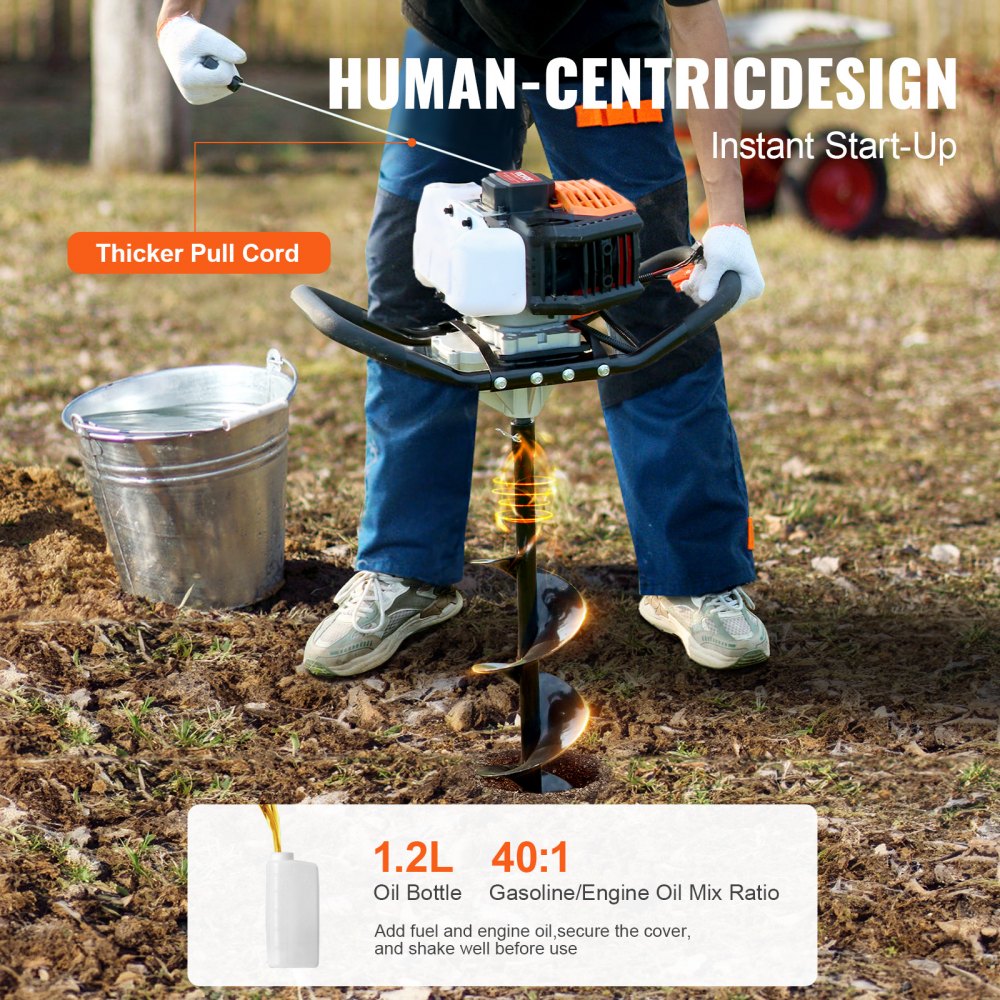 VEVOR 52CC 1450W Świder ziemny benzynowy z 6-calowymi i 10-calowymi wiertłami rdzeniowymi i 3 prętami przedłużającymi, wiertło do otworów w słupkach ogrodzeniowych do gruntów rolnych i roślin ogrodowych, pomarańczowo-czarne