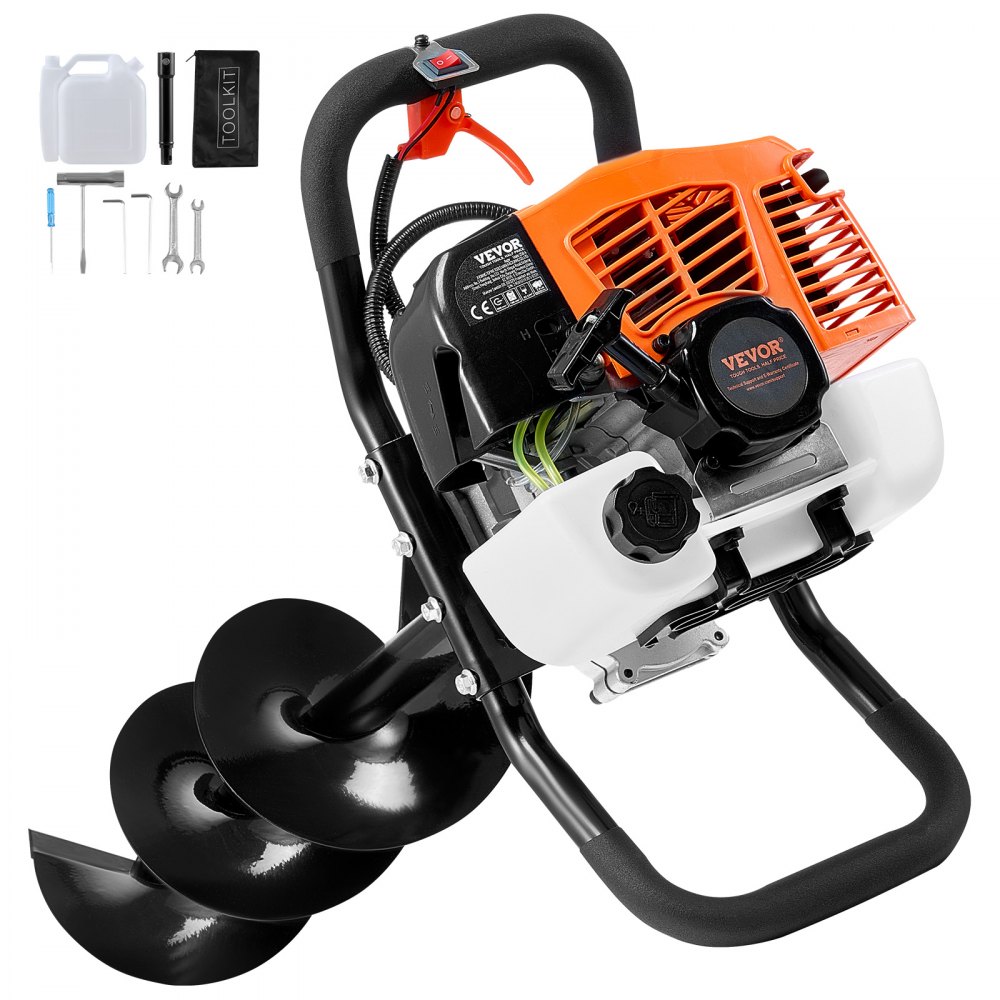 VEVOR 63CC 2400W Świder ziemny benzynowy z 8-calowymi wiertłami rdzeniowymi i 1 prętem przedłużającym, wiertło do otworów w słupkach ogrodzeniowych do gruntów rolnych i roślin ogrodowych, pomarańczowo-czarne