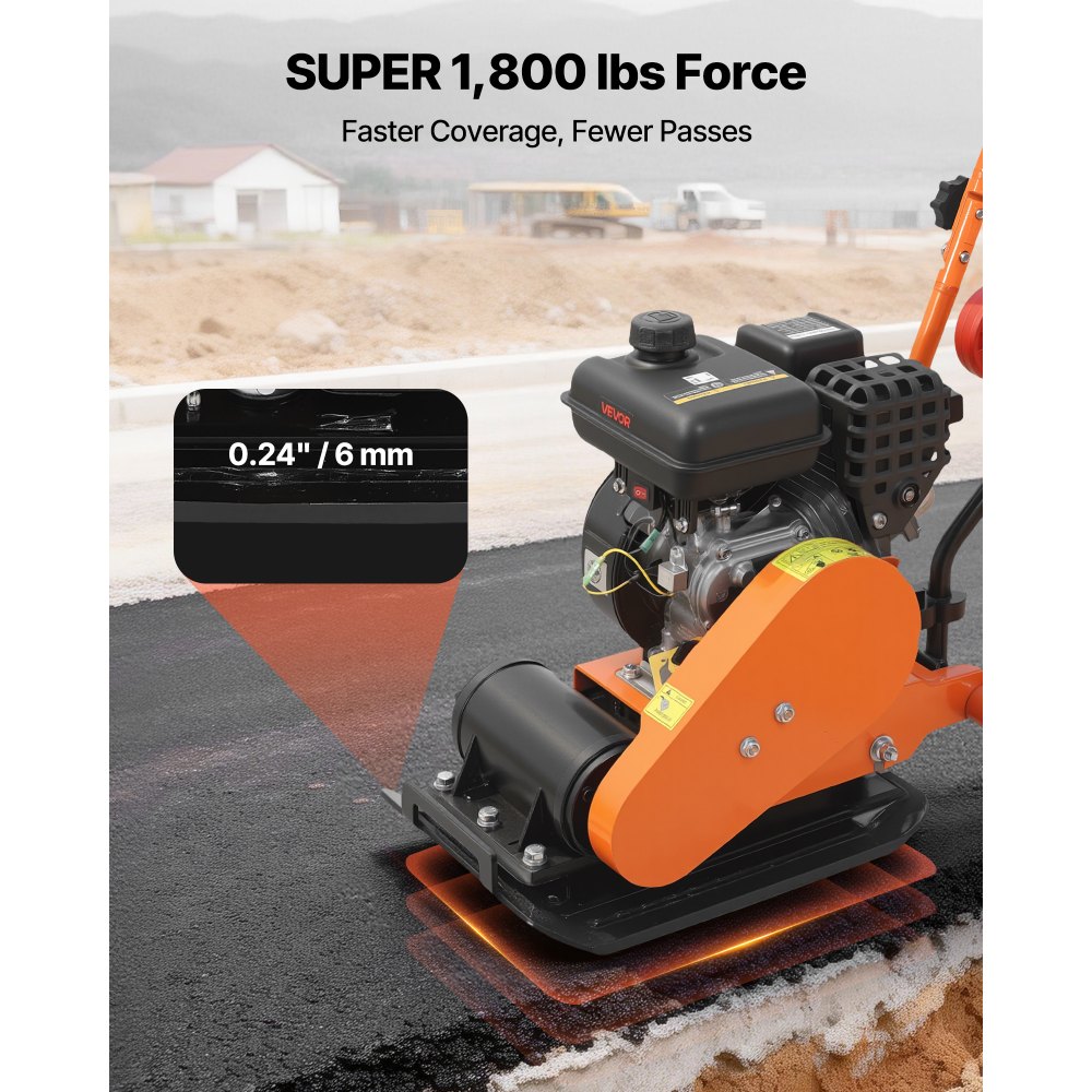 Zagęszczarka wibracyjna VEVOR benzynowa, silnik 2 KM (79 cm³), 5250 obr./min, ciśnienie zagęszczania 8 kN, płyta 410 x 315 mm, wibrator prowadzony ręcznie do układania nawierzchni, asfaltu i fundamentów