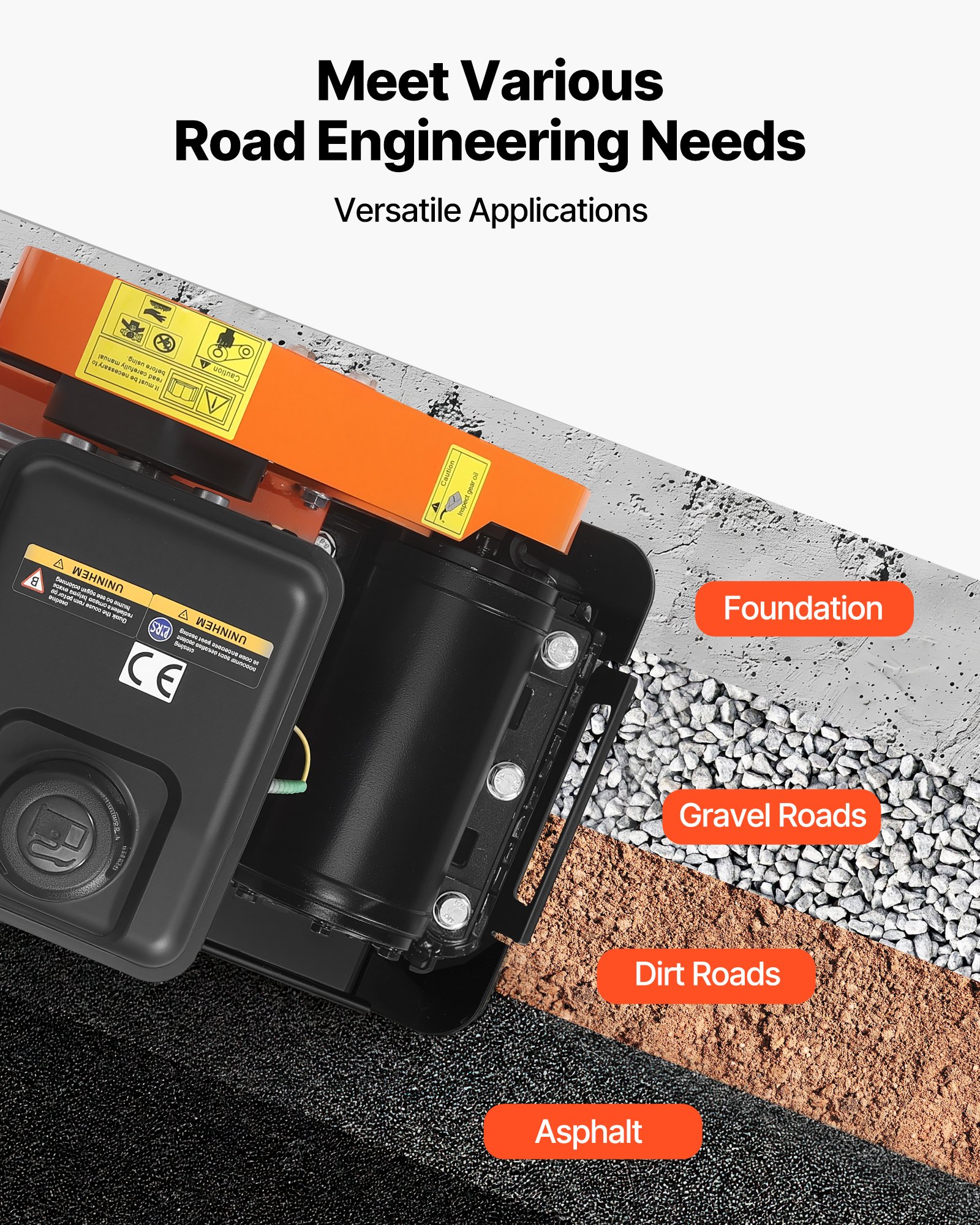 Zagęszczarka wibracyjna VEVOR benzynowa, silnik 2 KM (79 cm³), 5250 obr./min, ciśnienie zagęszczania 8 kN, płyta 410 x 315 mm, wibrator prowadzony ręcznie do układania nawierzchni, asfaltu i fundamentów