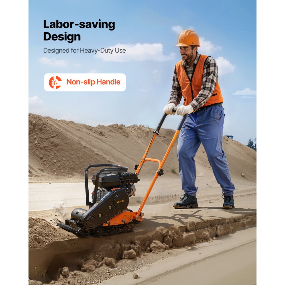 VEVOR Plate Compactor, 6.5 HP 196CC Gas Engine, 5600 VPM Vibrating Ground Rammer, 10.5 kN Compaction Force, 51 x 37 cm Plate, Walk Behind Compactor for Paver Landscaping, Asphalt, Foundation, Soil