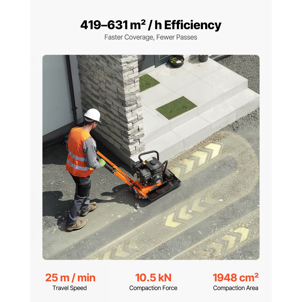 VEVOR Plate Compactor, 6.5 HP 196CC Gas Engine, 5600 VPM Vibrating Ground Rammer, 10.5 kN Compaction Force, 51 x 37 cm Plate, Walk Behind Compactor for Paver Landscaping, Asphalt, Foundation, Soil