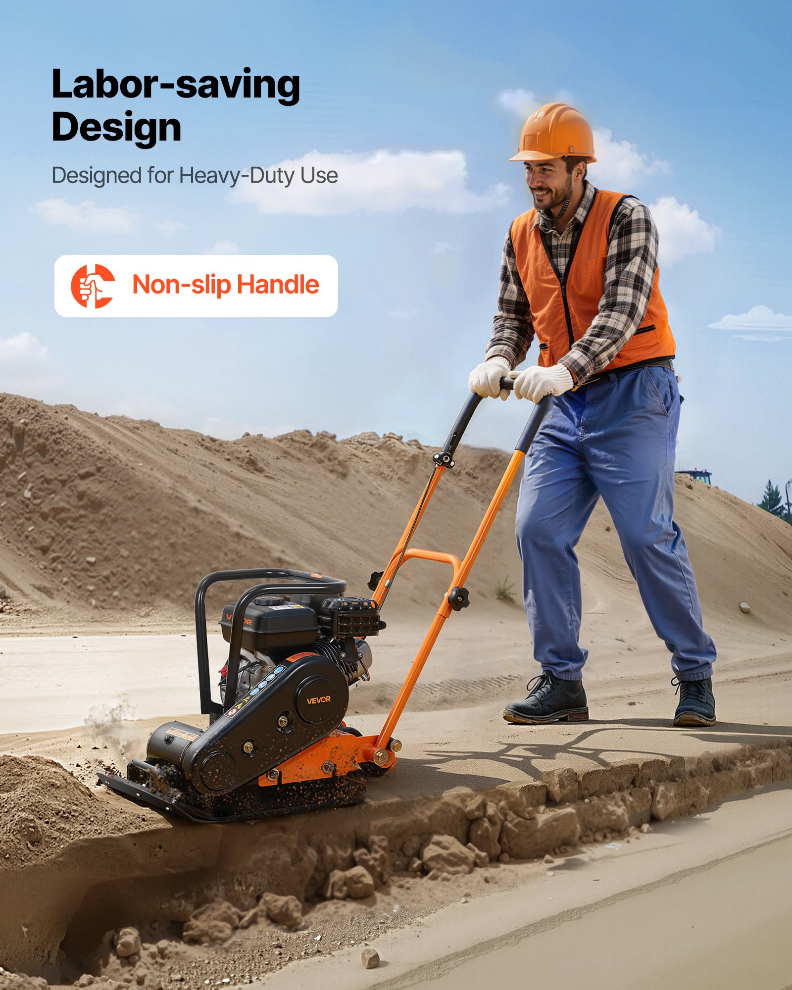 VEVOR Plate Compactor, 6.5 HP 196CC Gas Engine, 5600 VPM Vibrating Ground Rammer, 10.5 kN Compaction Force, 51 x 37 cm Plate, Walk Behind Compactor for Paver Landscaping, Asphalt, Foundation, Soil