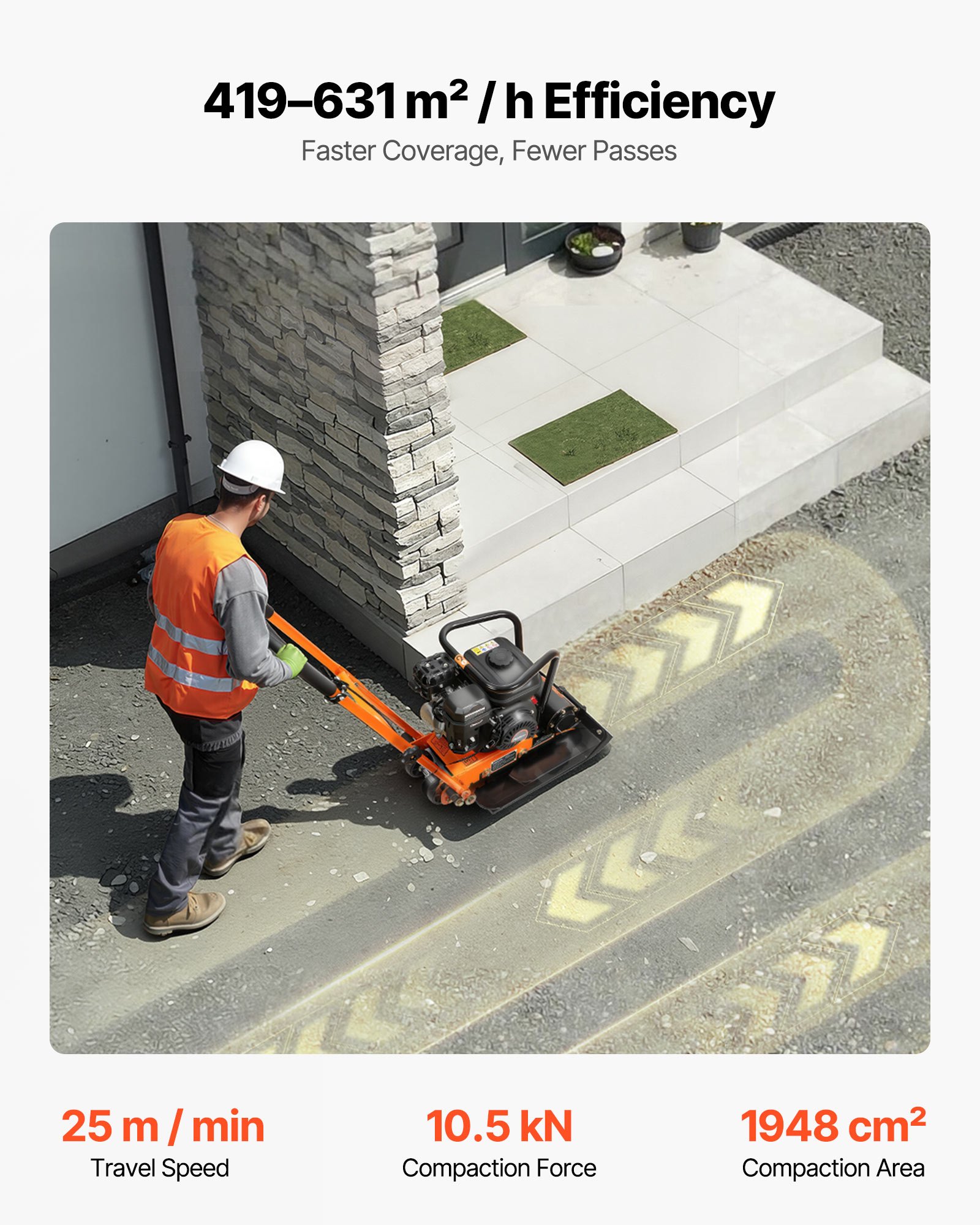 VEVOR Plate Compactor, 6.5 HP 196CC Gas Engine, 5600 VPM Vibrating Ground Rammer, 10.5 kN Compaction Force, 51 x 37 cm Plate, Walk Behind Compactor for Paver Landscaping, Asphalt, Foundation, Soil