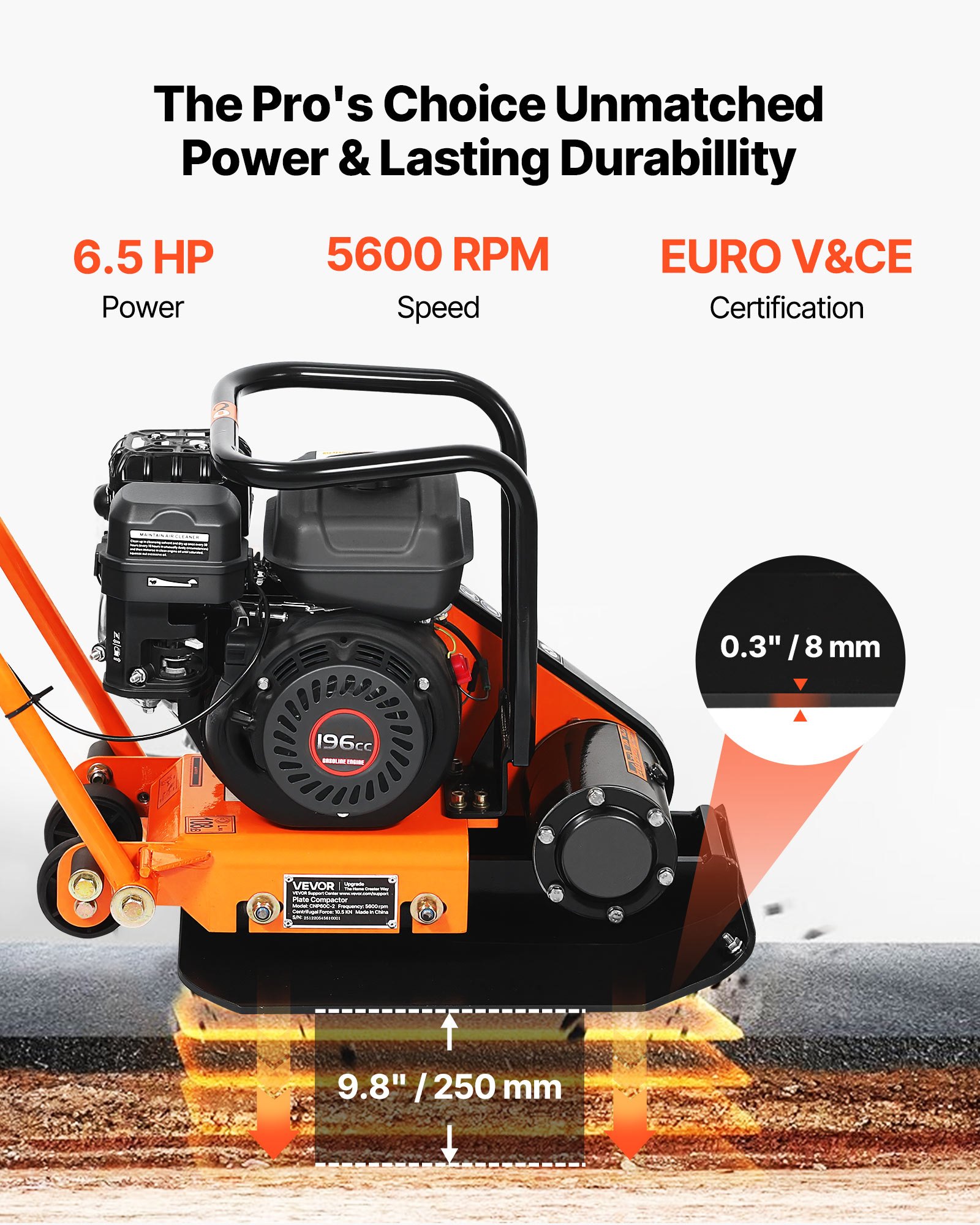 VEVOR Plate Compactor, 6.5 HP 196CC Gas Engine, 5600 VPM Vibrating Ground Rammer, 10.5 kN Compaction Force, 51 x 37 cm Plate, Walk Behind Compactor for Paver Landscaping, Asphalt, Foundation, Soil