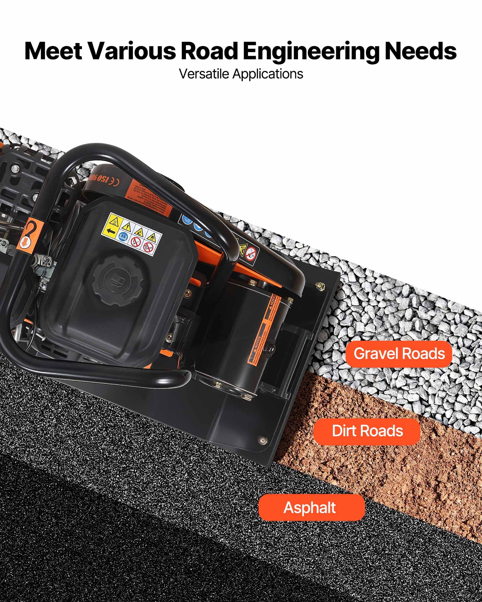 VEVOR Plate Compactor, 6.5 HP 196CC Gas Engine, 5600 VPM Vibrating Ground Rammer, 10.5 kN Compaction Force, 51 x 37 cm Plate, Walk Behind Compactor for Paver Landscaping, Asphalt, Foundation, Soil