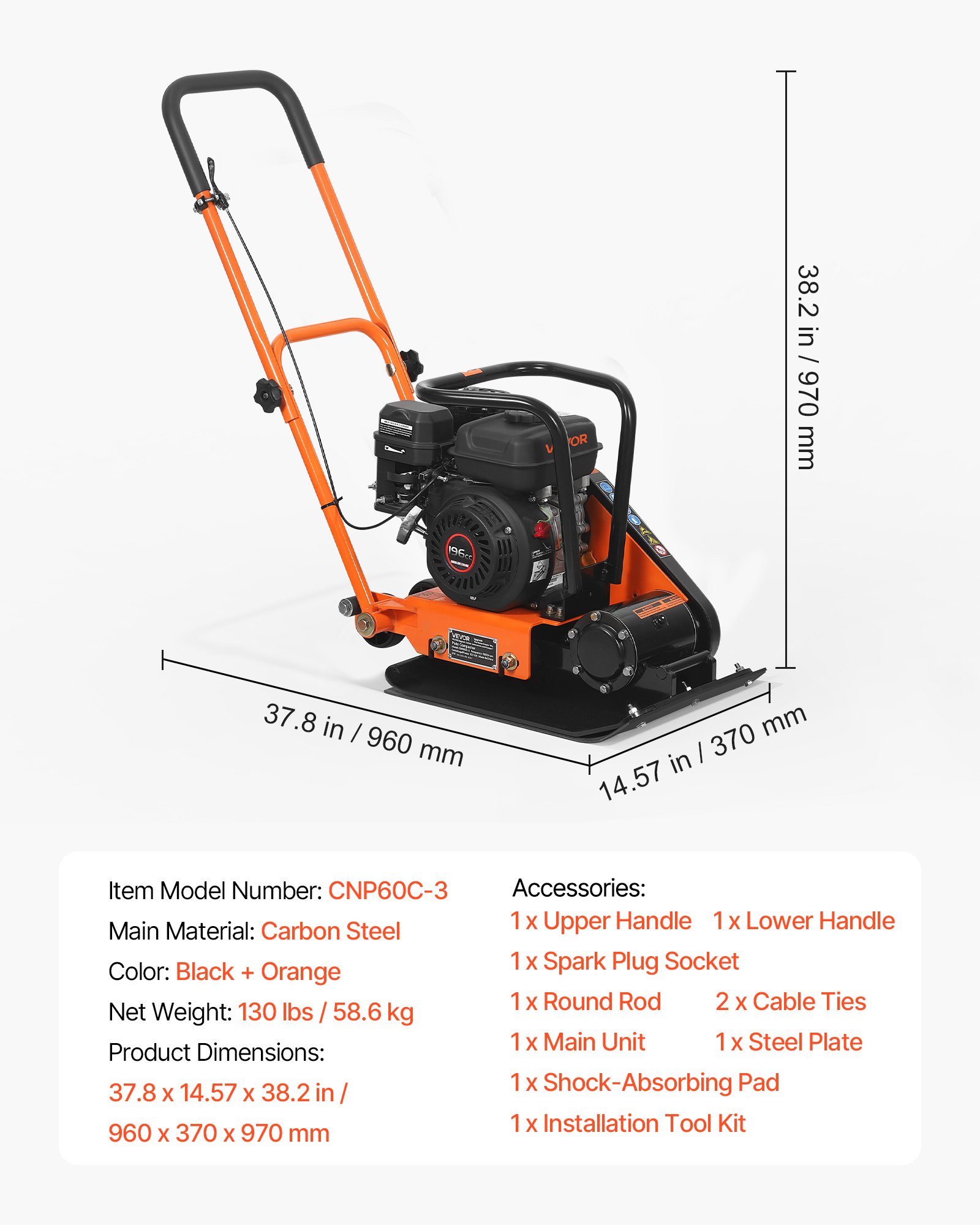 VEVOR Plate Compactor, 6.5 HP 196CC Gas Engine, 5600 VPM Vibrating Ground Rammer, 10.5 kN Compaction Force, 51 x 37 cm Plate, Walk Behind Compactor for Paver Landscaping, Asphalt, Foundation, Soil