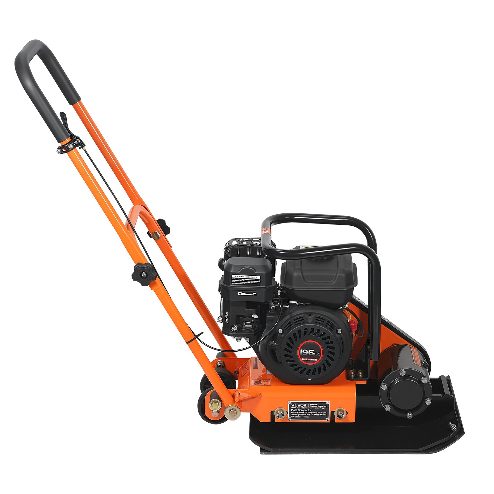 VEVOR Plate Compactor, 6.5 HP 196CC Gas Engine, 5600 VPM Vibrating Ground Rammer, 10.5 kN Compaction Force, 51 x 37 cm Plate, Walk Behind Compactor for Paver Landscaping, Asphalt, Foundation, Soil