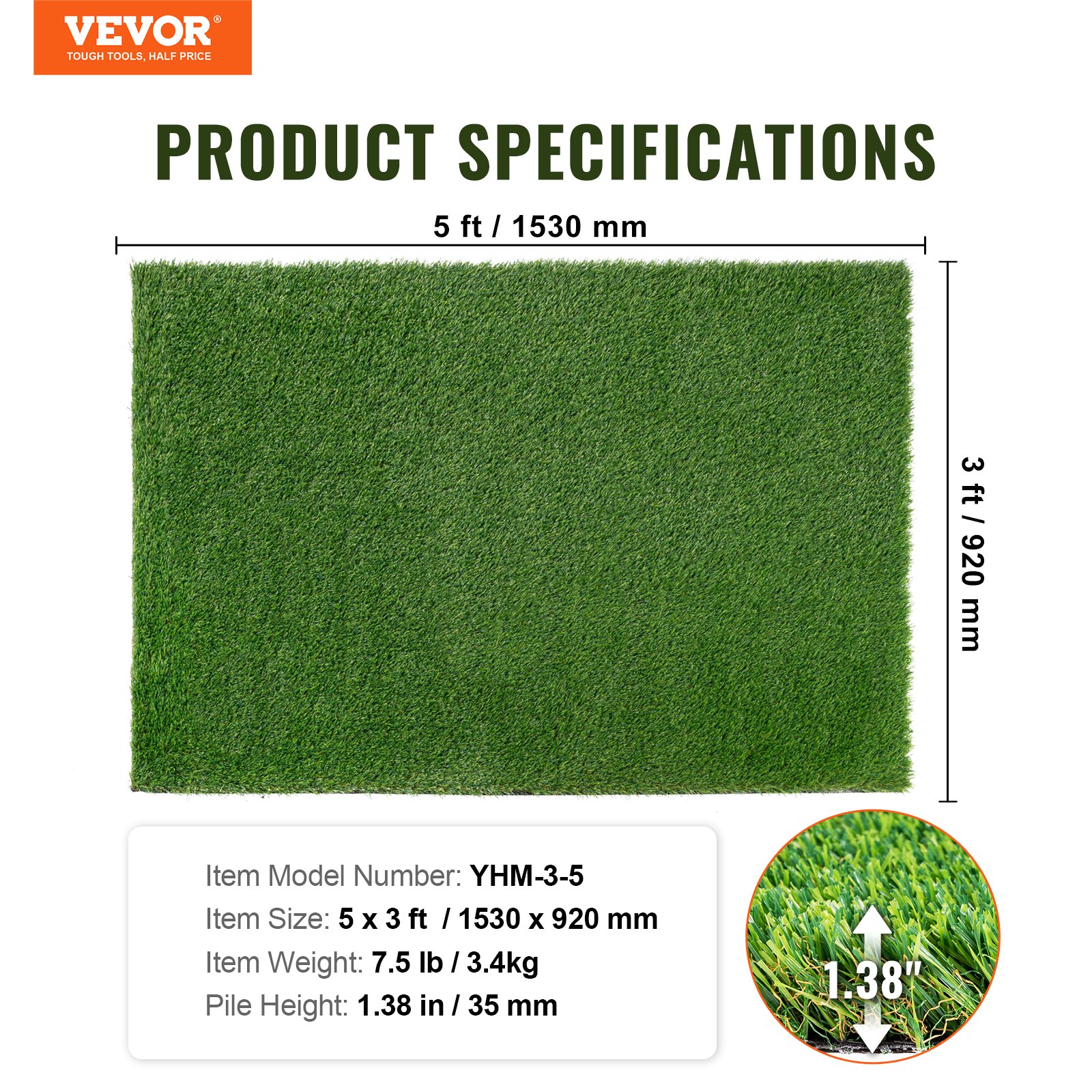 VEVOR Dywan trawnikowy 1530 x 920 mm Dywan ze sztucznej trawy PP + PE Sztuczna trawa 35 mm Wysokość runa Dywan trawiasty odporny na promieniowanie UV o gęstości 17 000 ściegów Idealny na taras, balkon, piknik
