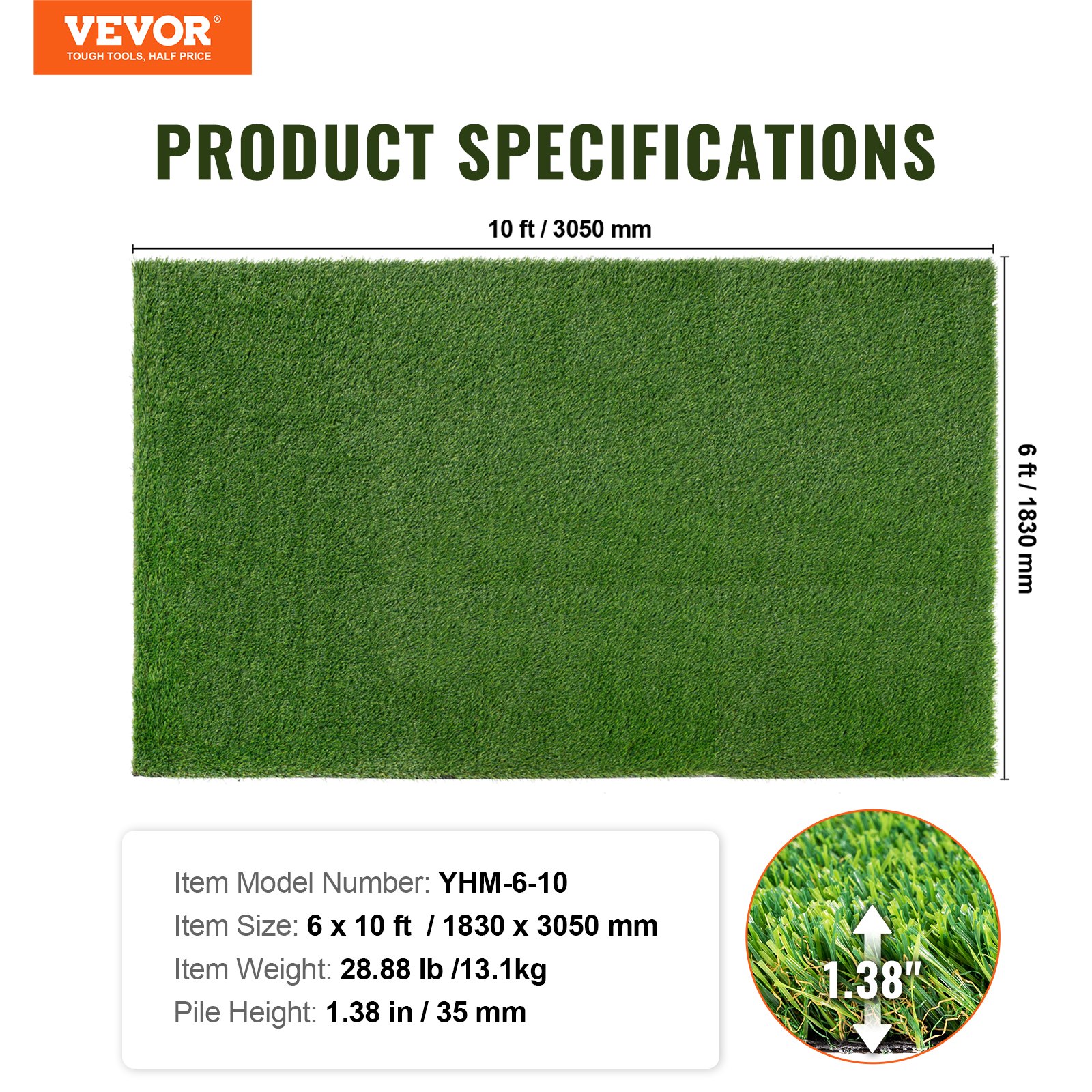 VEVOR Sztuczna trawa 1830x3050mm Dywan na metry Materiały PP+PE Sztuczna trawa Dywan Wysokość runa 35mm Gęstość 17 000 ściegów Z otworami drenażowymi Idealny do ogrodów zewnętrznych i tarasów
