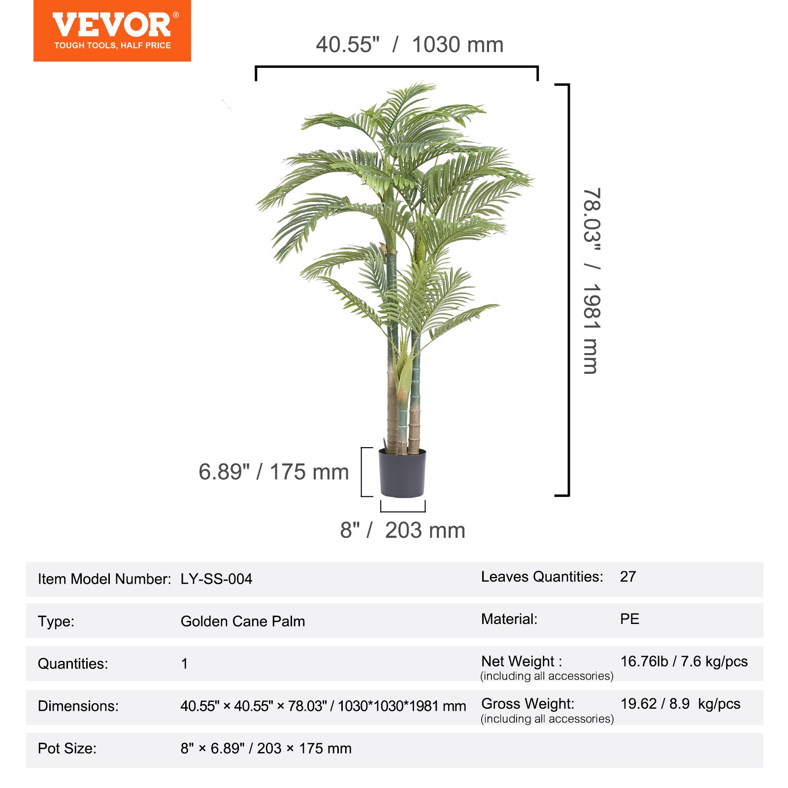 VEVOR Artificial Golden Cane Palm 1030x1030x1981mm Artificial Plant PE Artificial Plants Plastic Plants in Pot Odorless Waterproof Ideal for Decorating Bedroom Study Living Room