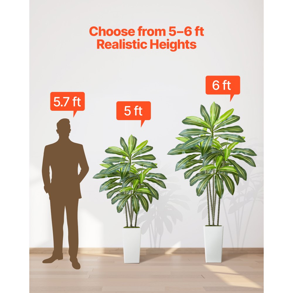 VEVOR Artificial Dracaena Tree 1829 mm, Fake Palm Tropical Plants with White Tall Planter, Faux Floor Silk Plant in Pot, Large Trees for Home Office Living Room Decor House Warming, Indoor Outdoor