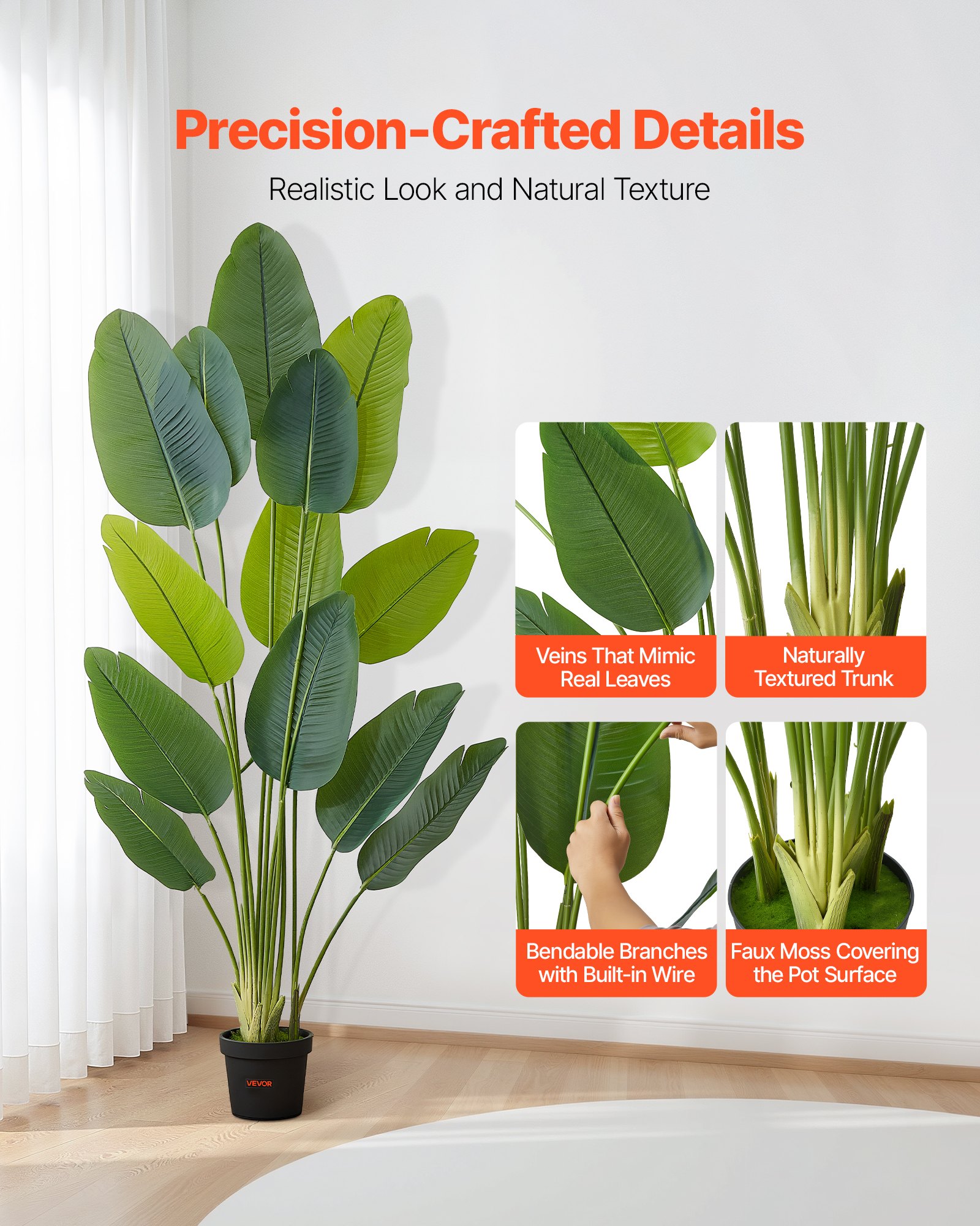 VEVOR Artificial Bird of Paradise 1829 mm Tall, Fake Tropical Plants with with 13 Trunks & White Pot, Faux Floor Silk Tree, Large Trees for Home Office Living Room Decor House Warming, Indoor Outdoor