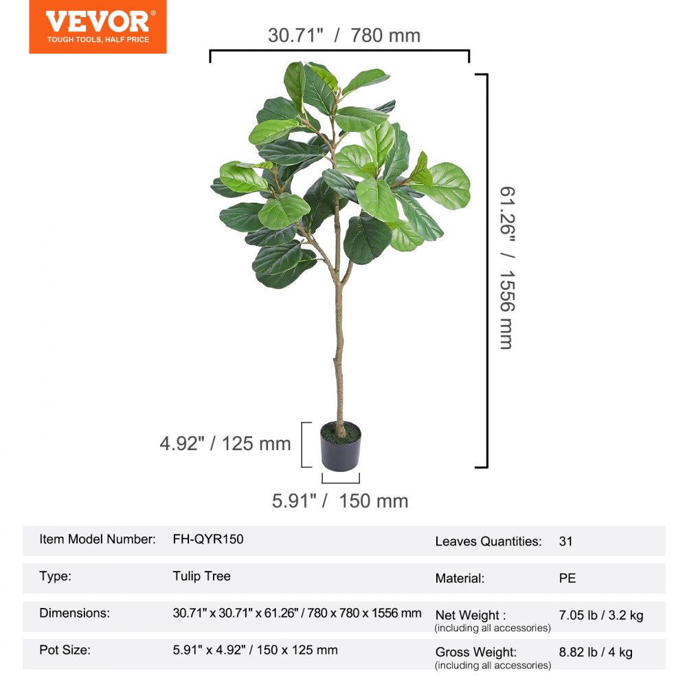 VEVOR Sztuczna figa lirolistna 78x78x155,6 cm Sztuczna roślina PE Sztuczne rośliny Plastikowe rośliny w doniczce Sztuczny kwiat Bezwonny Wodoodporny do dekoracji sypialni, gabinetu, salonu