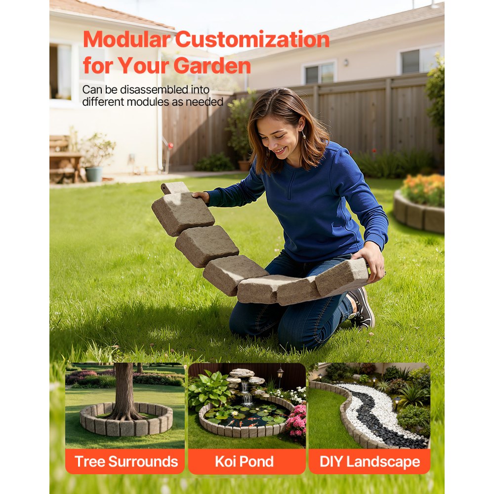 VEVOR Stone-Look Garden Edging, 120x10x23 cm, Lawn Edging, Flexible Garden Edging with Anchoring Spikes, Light-Resistant Yard Edging for Driveways & Walkways, Beige