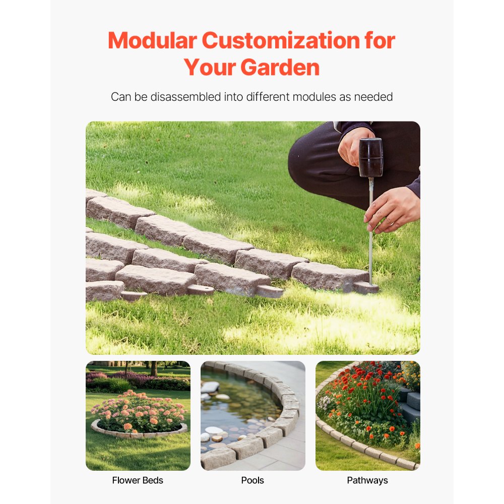 VEVOR 4-piece set of stone-look lawn edging, 1180x95x57 mm, realistic flower bed edging, flexible garden border in brick size with anchoring spikes, border for driveways, walkways, beige