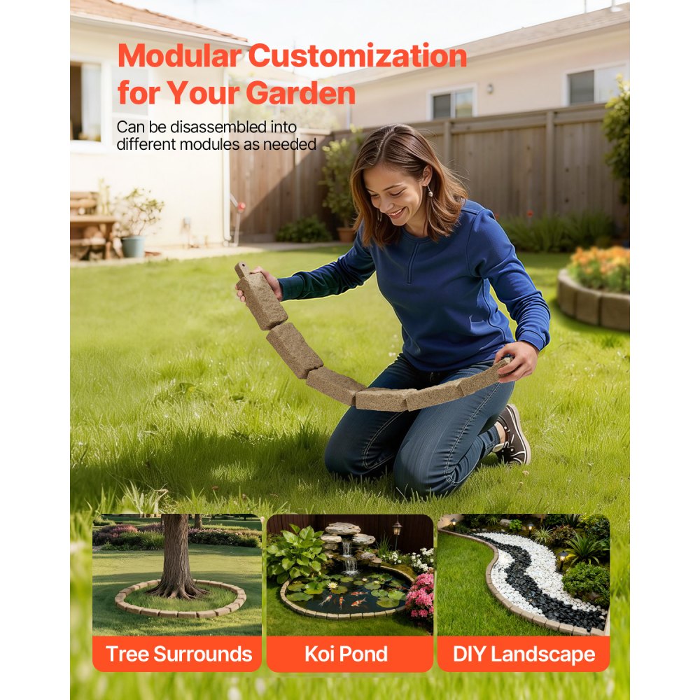 VEVOR 4-częściowy zestaw obrzeży trawnikowych o wyglądzie kamienia, 1180x95x57 mm, realistyczna obrzeże rabat kwiatowych, elastyczna obrzeże ogrodowe w rozmiarze cegły z kolcami mocującymi, obrzeże do podjazdów, ścieżek, beżowe