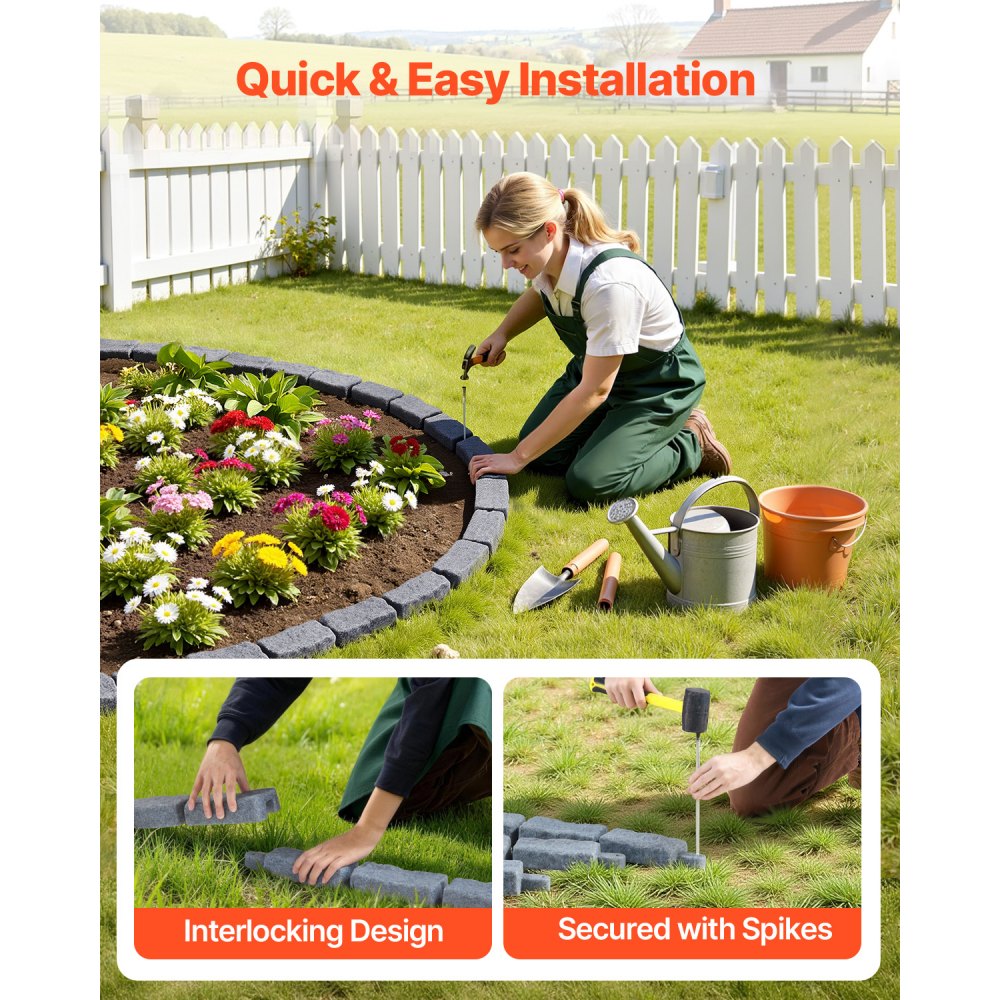 VEVOR Lawn Edging in Stone Look, 1180x95x57 mm Realistic Lawn Edging, Flexible Brick-Size Bed Edging with Anchoring Spikes, Bed Border for Driveways, Walkways, Set of 4, Gray